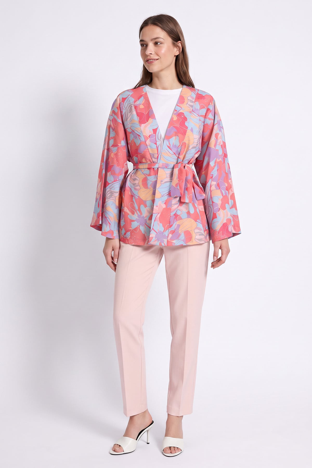 Çiçek Desenli Kimono Y0167 - PEMBE  | zenne.com 