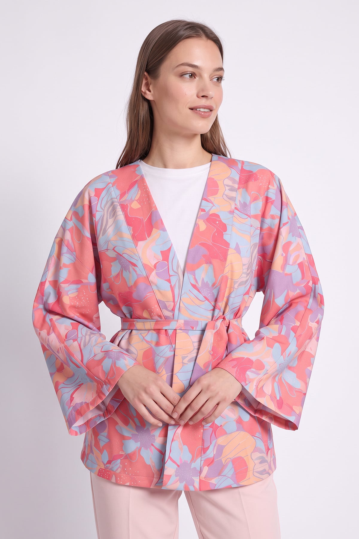 Çiçek Desenli Kimono Y0167 - PEMBE  | zenne.com 