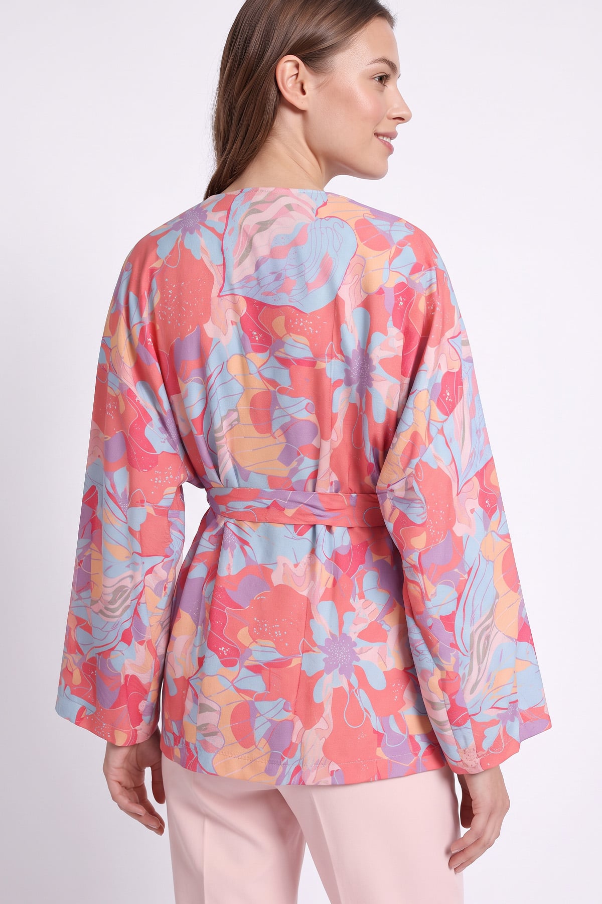 Çiçek Desenli Kimono Y0167 - PEMBE  | zenne.com 