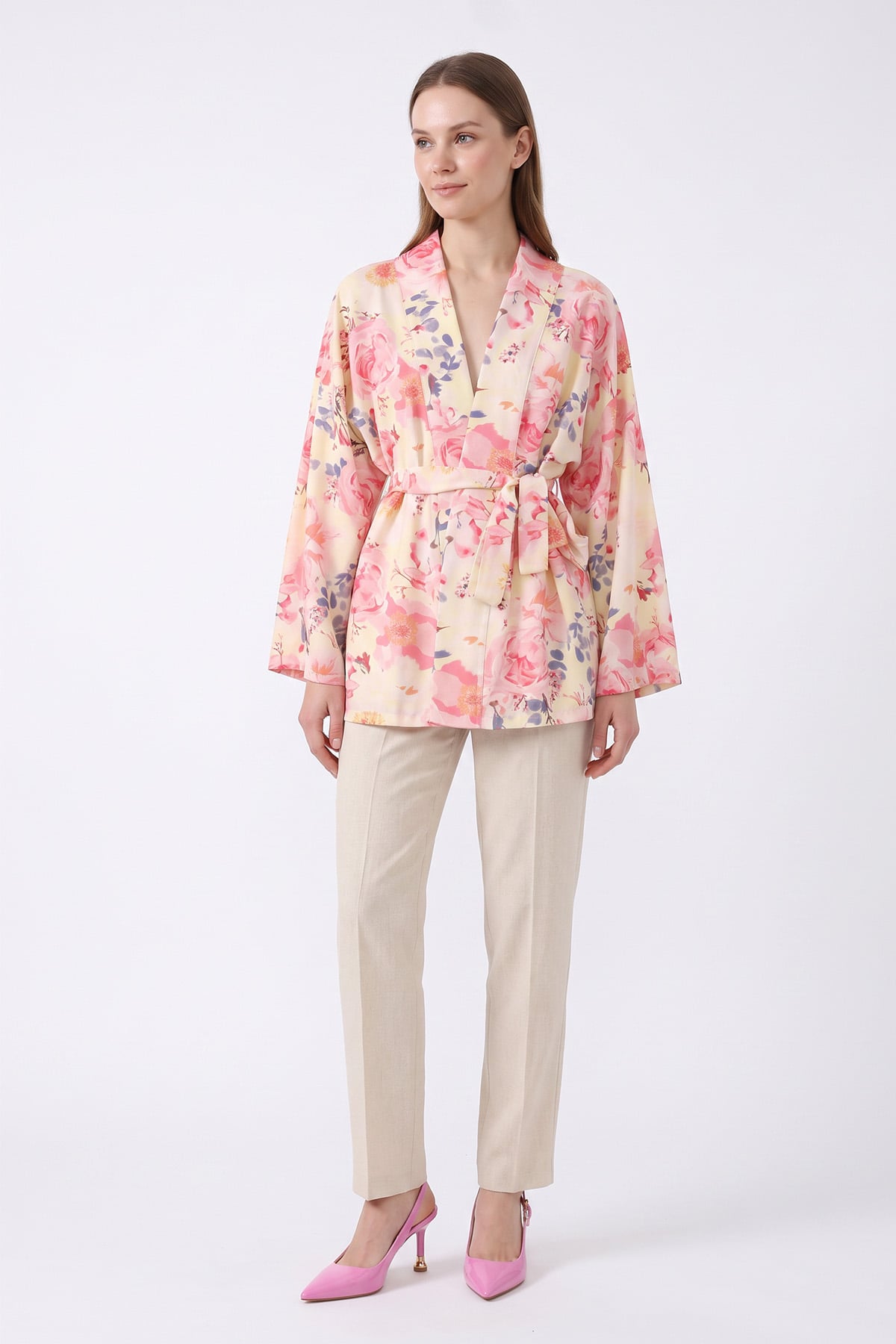 Çiçek Desenli Kimono Y0167 - PUDRA | zenne.com 