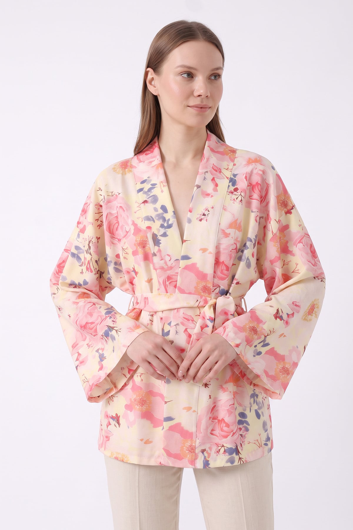 Çiçek Desenli Kimono Y0167 - PUDRA | zenne.com 