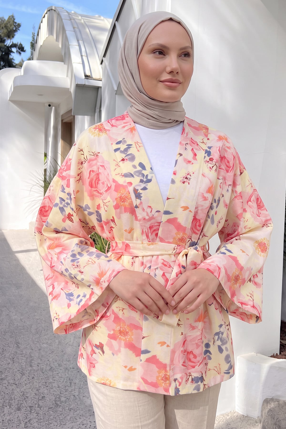 Çiçek Desenli Kimono Y0167 - PUDRA |  