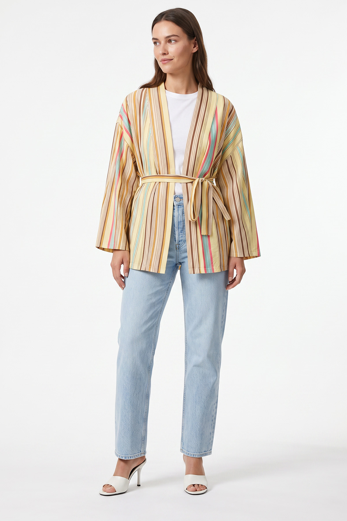 Çizgili Kimono Y0167 - SARI | zenne.com 
