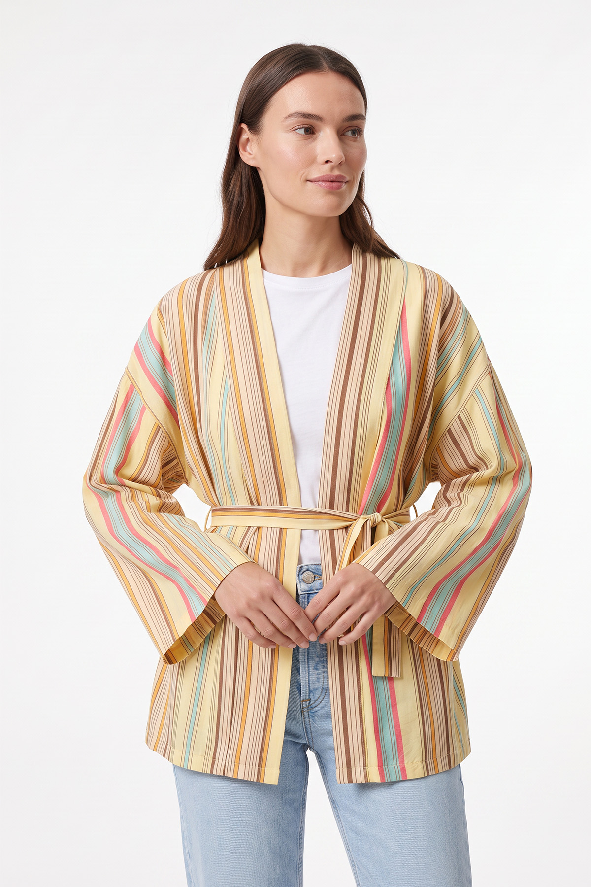 Çizgili Kimono Y0167 - SARI | zenne.com 