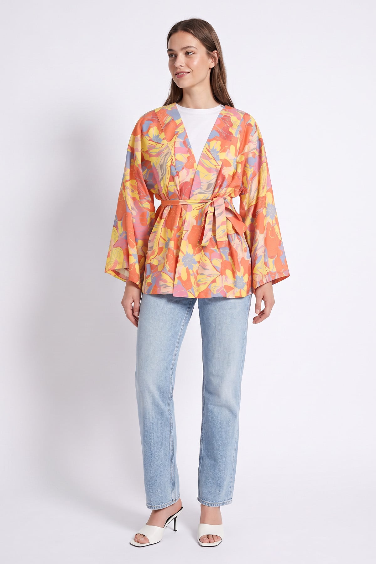 Çiçek Desenli Kimono Y0167 - TURUNCU | zenne.com 