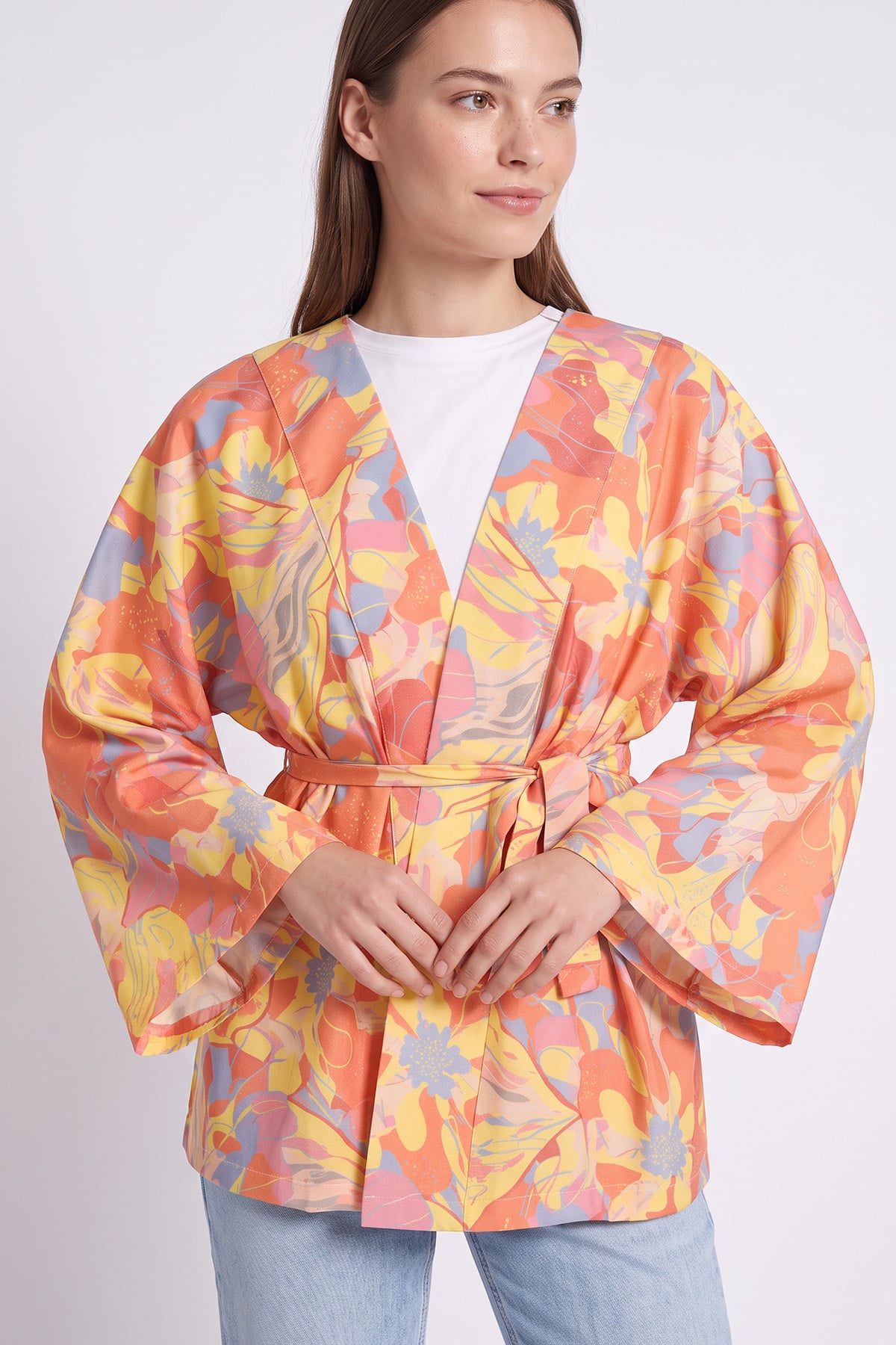 Çiçek Desenli Kimono Y0167 - TURUNCU | zenne.com 