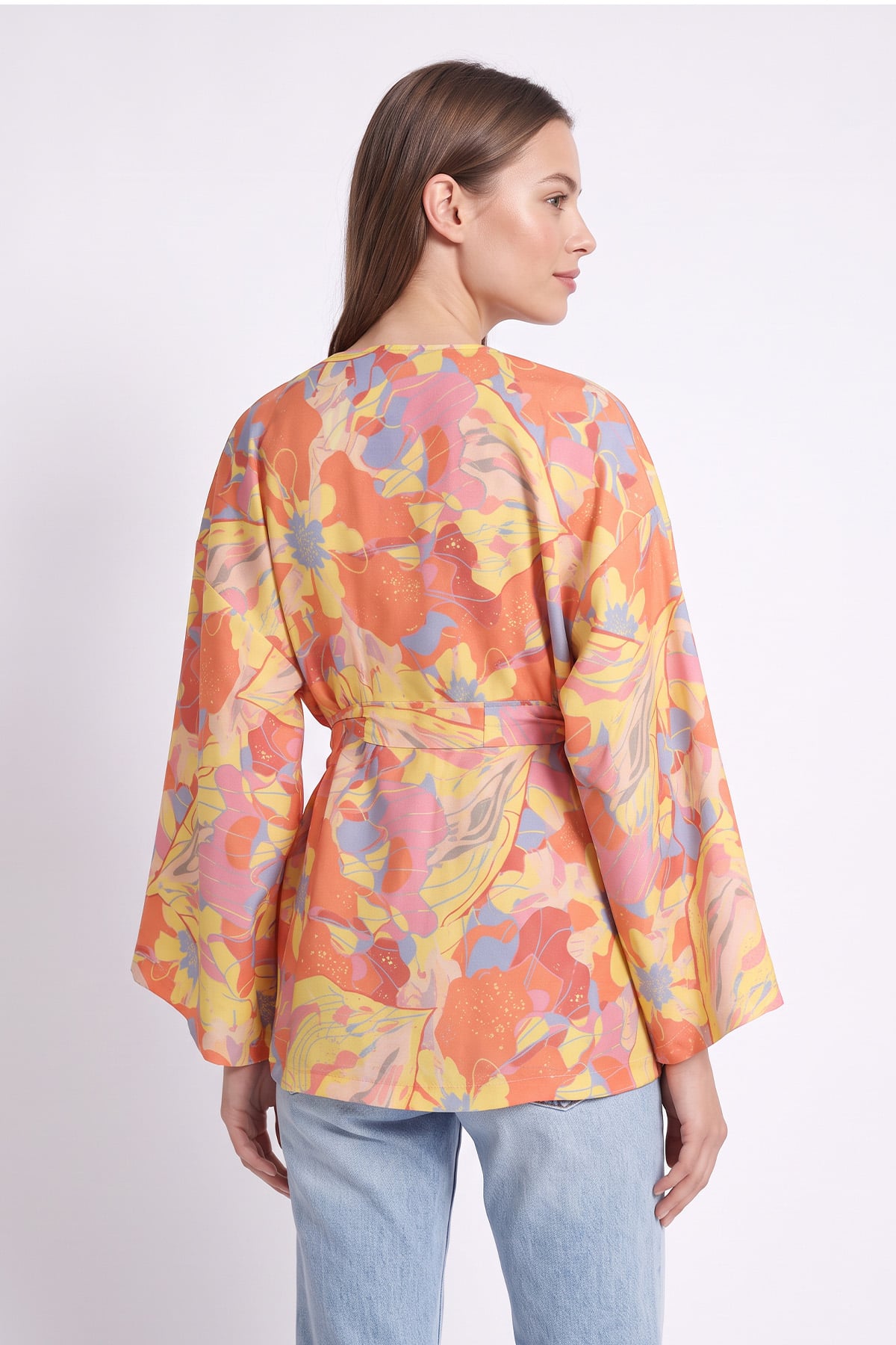 Çiçek Desenli Kimono Y0167 - TURUNCU | zenne.com 