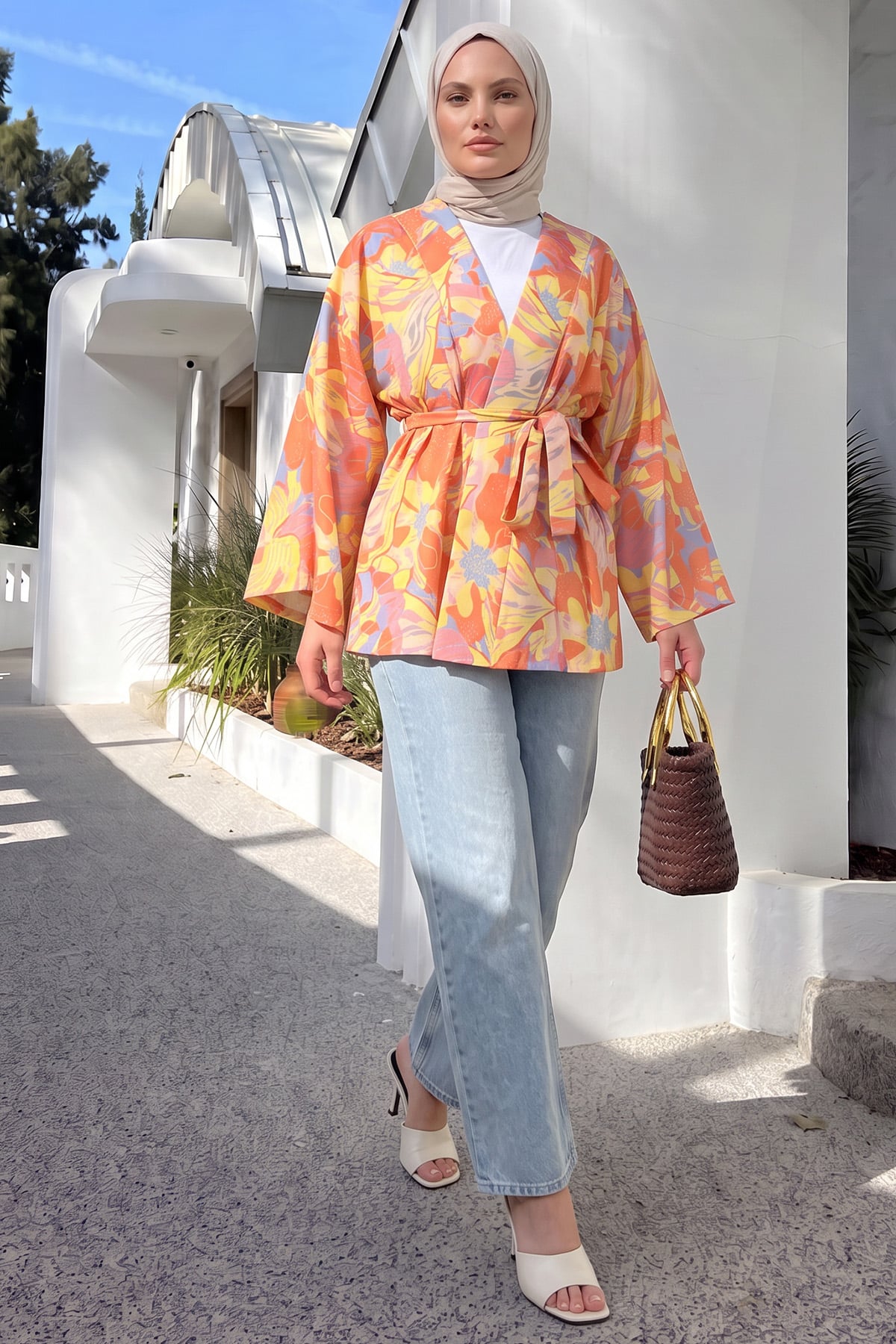 Çiçek Desenli Kimono Y0167 - TURUNCU |  