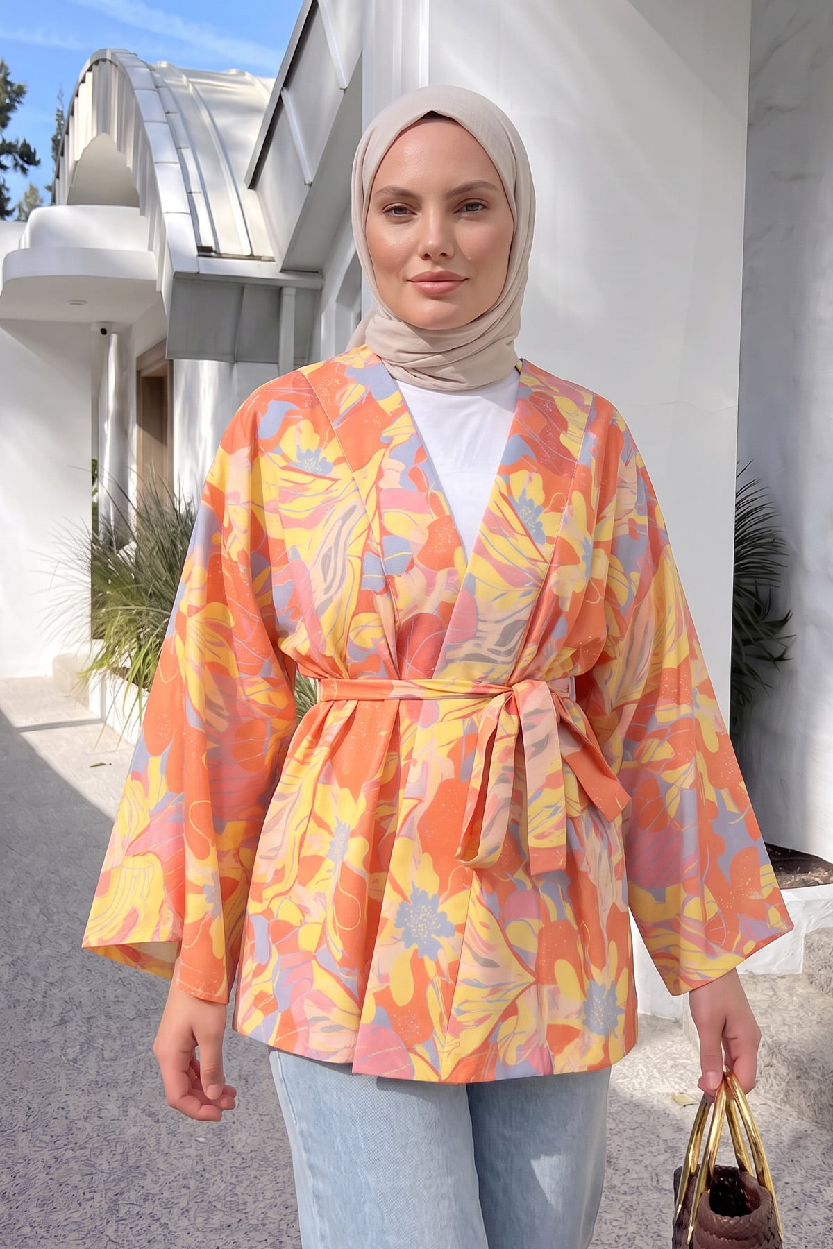 Çiçek Desenli Kimono Y0167 - TURUNCU |  