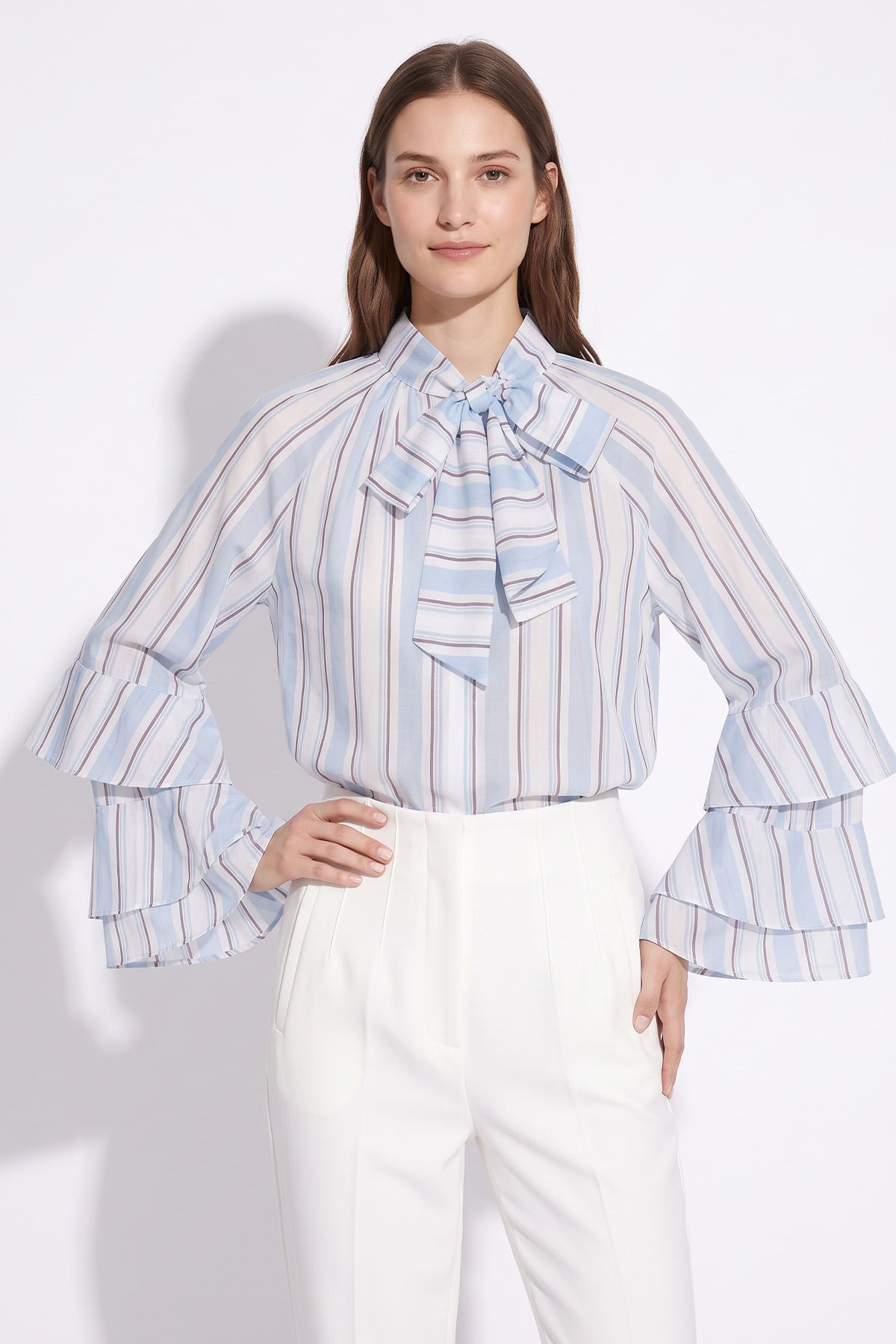 Çizgili Volan Kol Tunik 5402 - BEBE MAVİSİ | zenne.com 