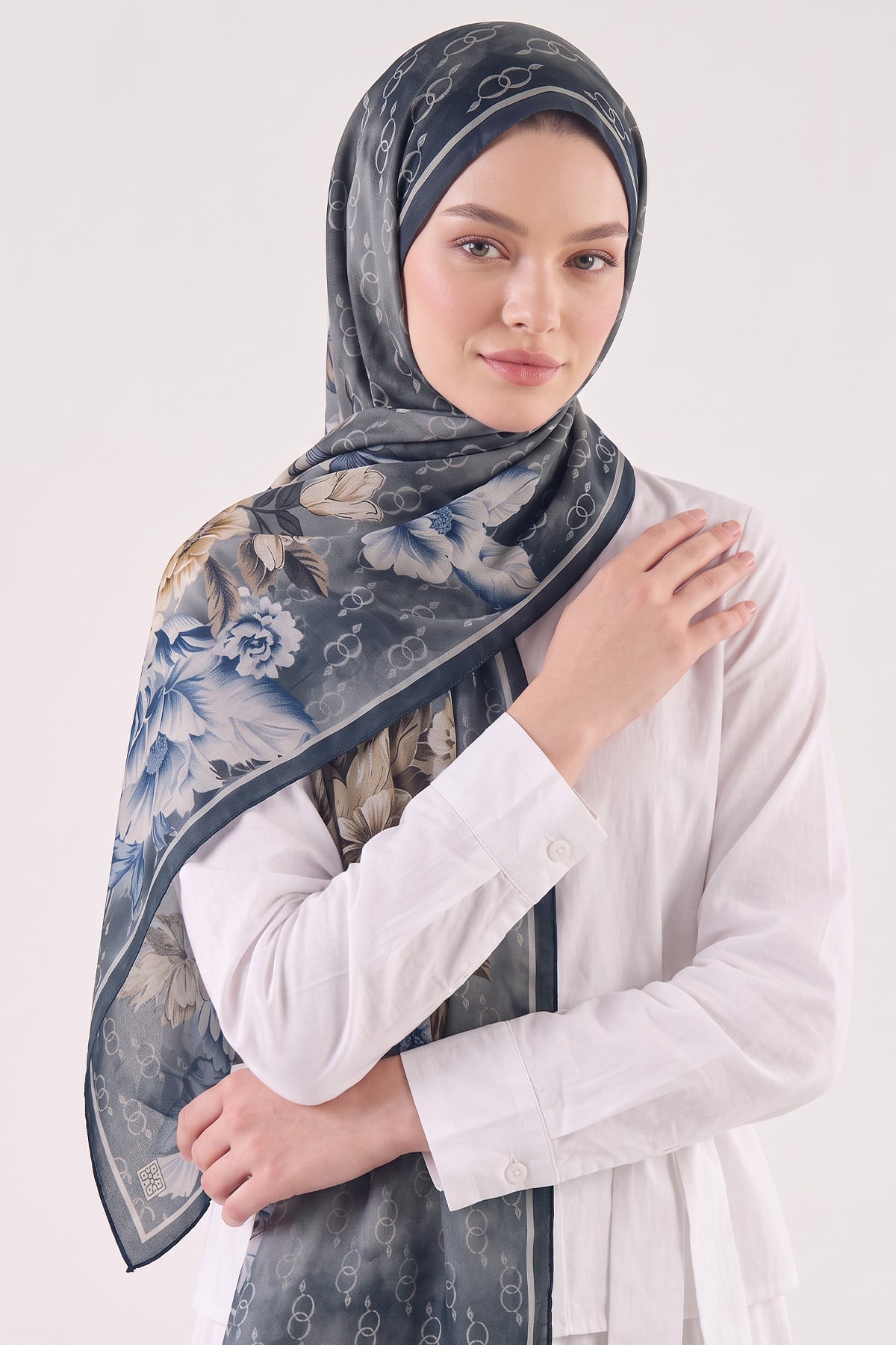  Çiçek Desenli  Aqua Soft Şal 4075 - MAVİ |  