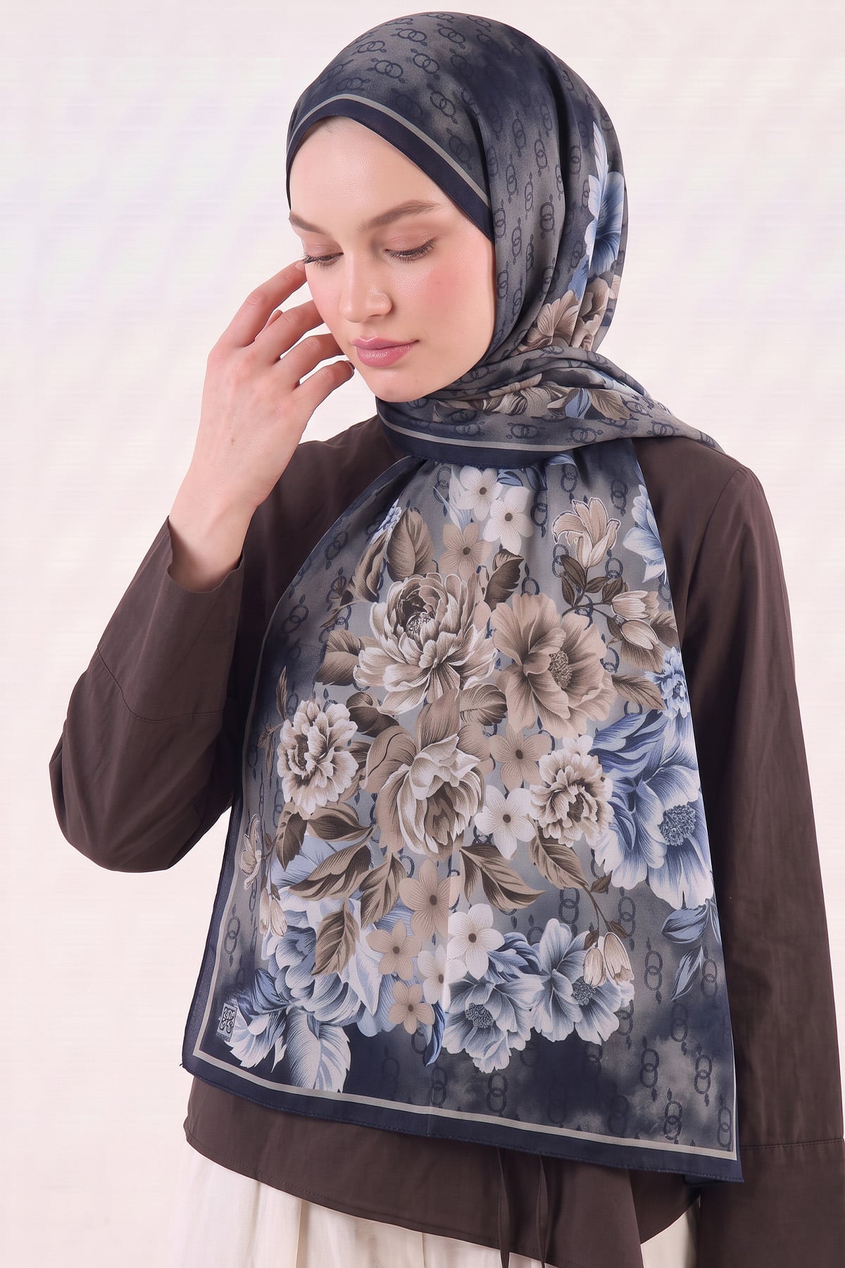  Çiçek Desenli  Aqua Soft Şal 4075 - LACİVERT |  