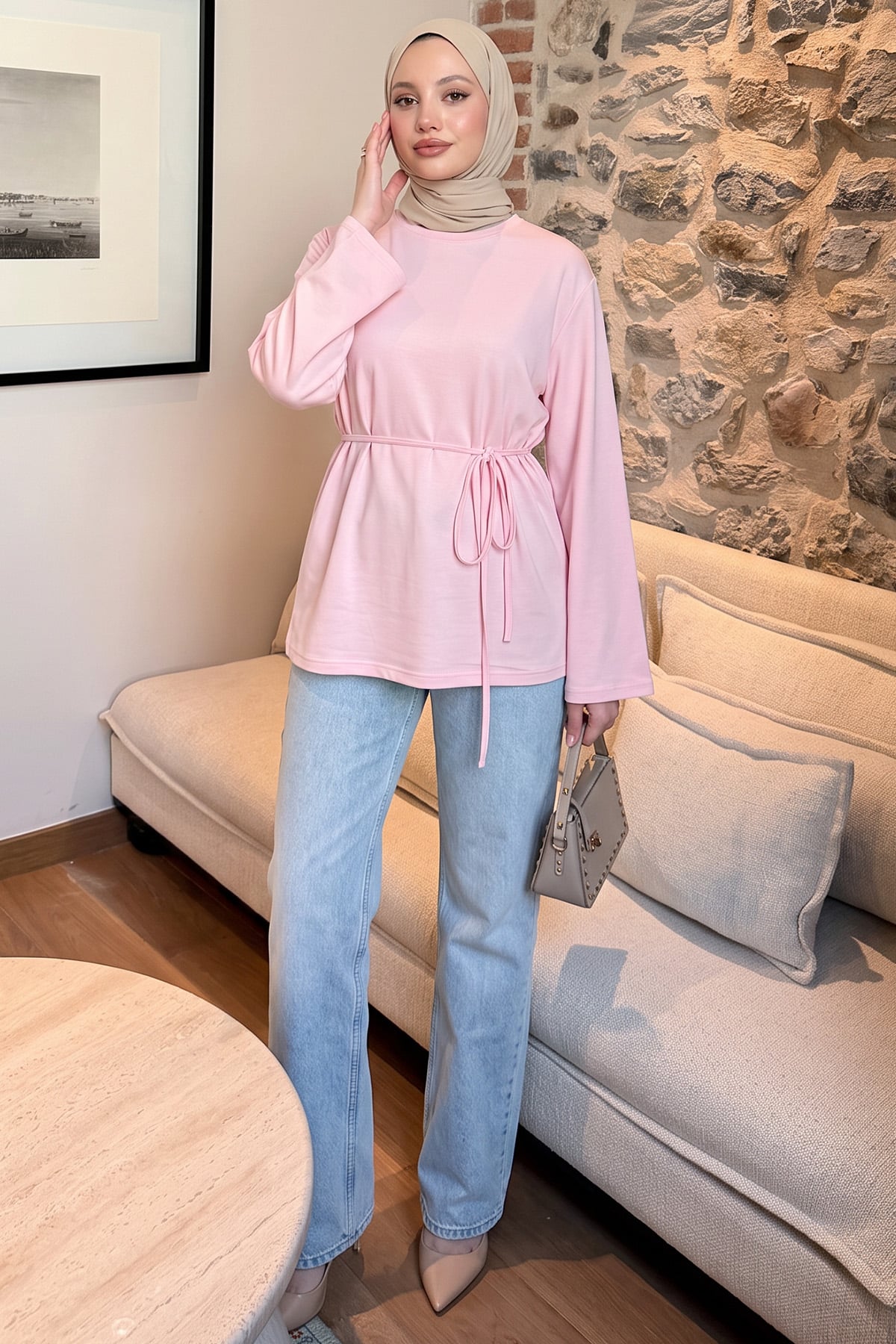 Bağcıklı Penye Bluz 13071 - AÇIK PEMBE |  