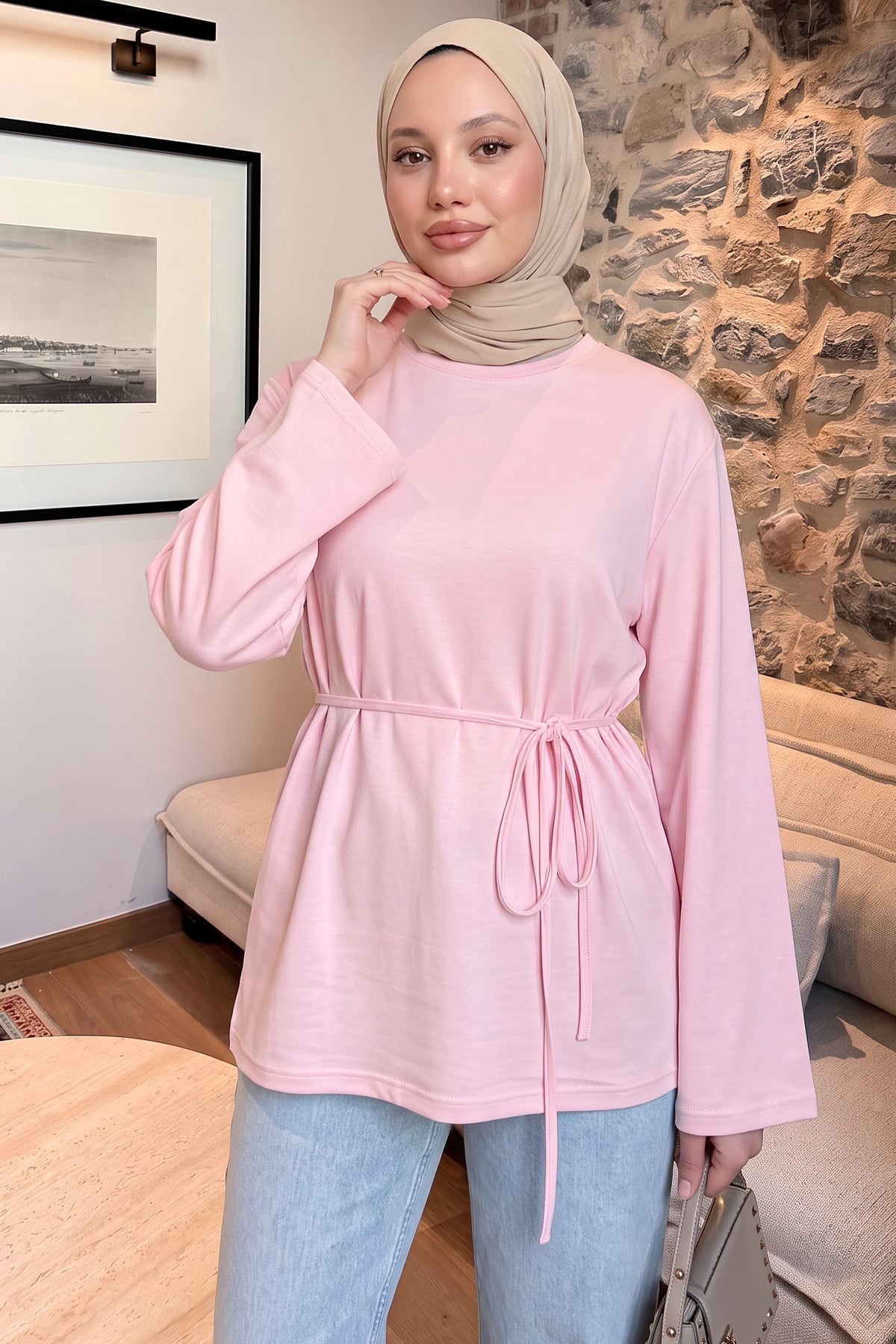 Bağcıklı Penye Bluz 13071 - AÇIK PEMBE |  