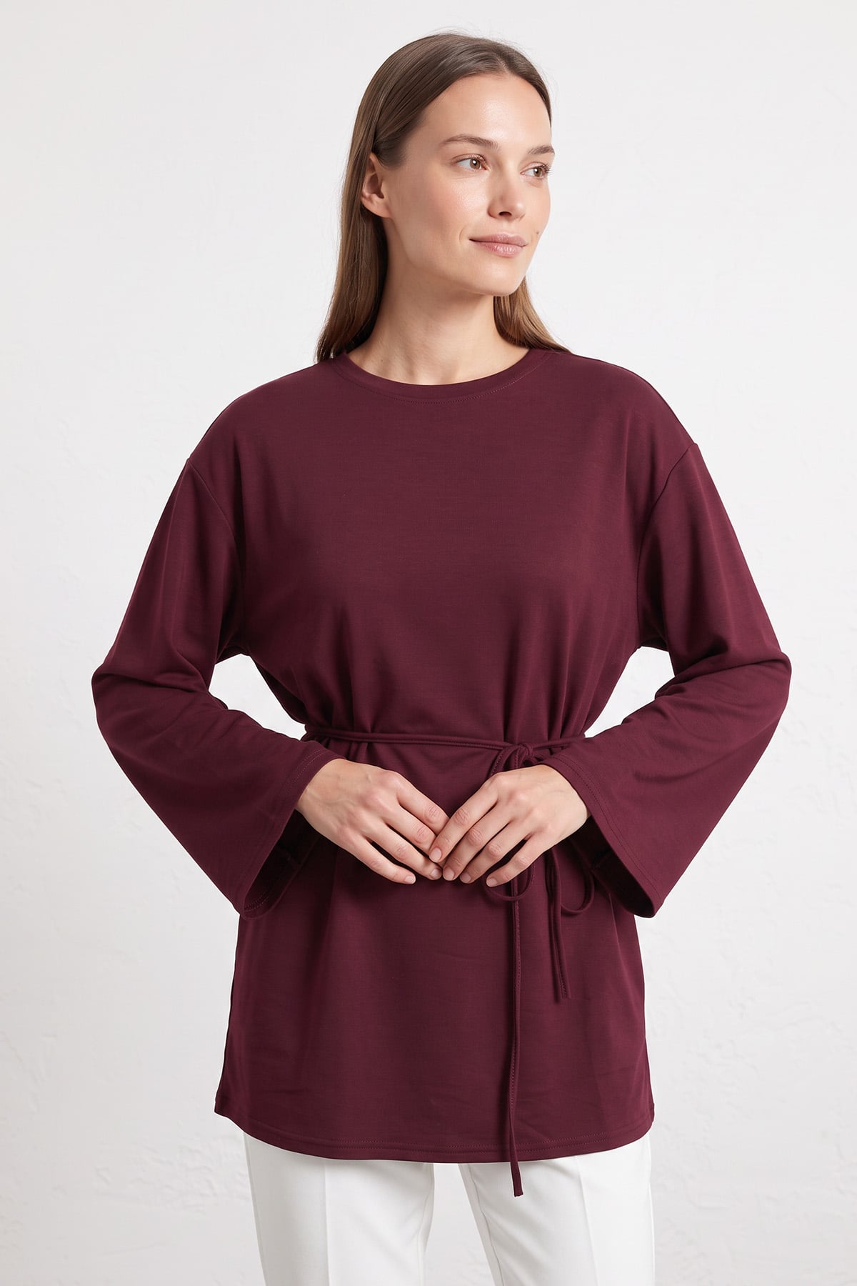 Bağcıklı Penye Bluz 13071 - BORDO | zenne.com 