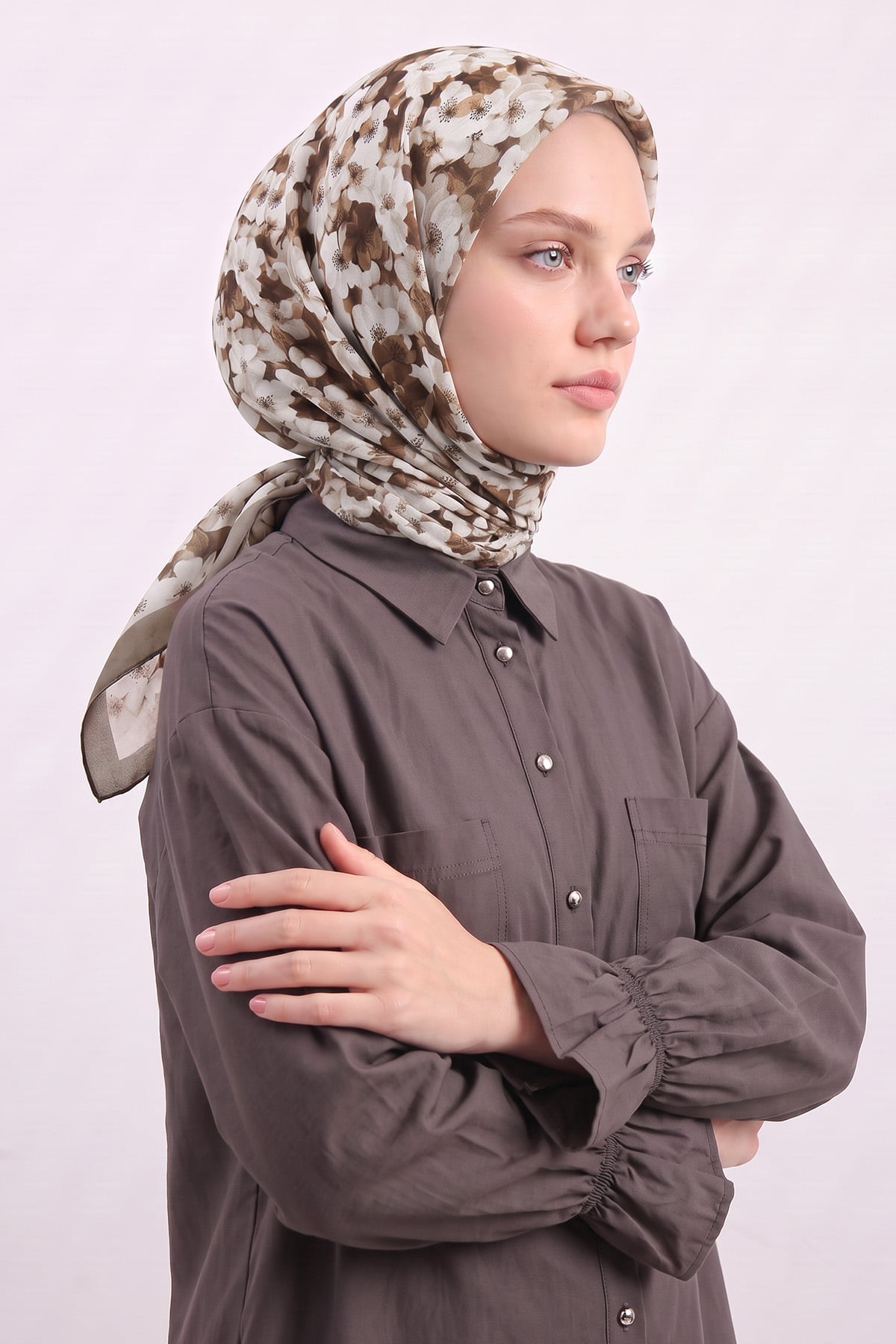Çiçek Desenli Naida Eşarp 8040 - VİZON |  
