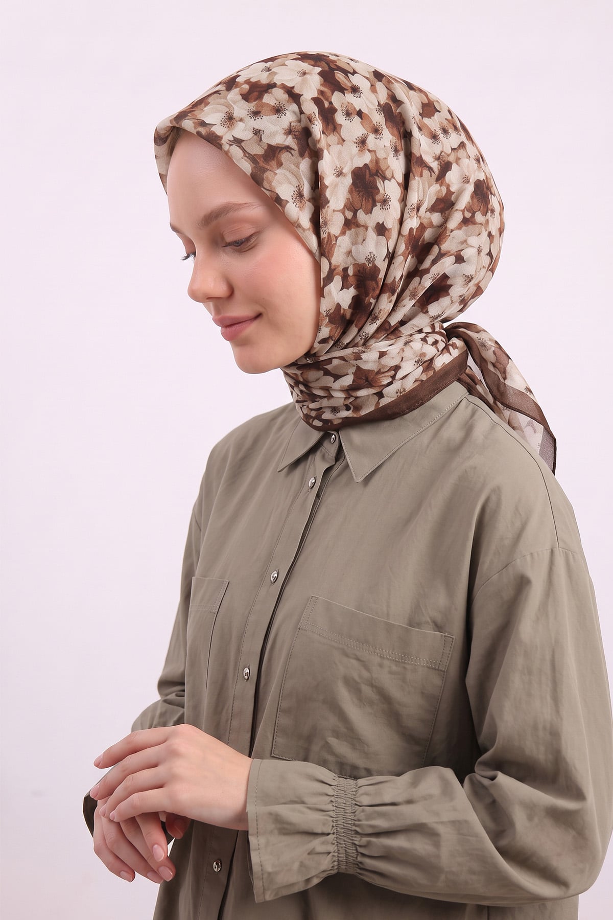 Çiçek Desenli Naida Eşarp 8040 - KAHVE |  