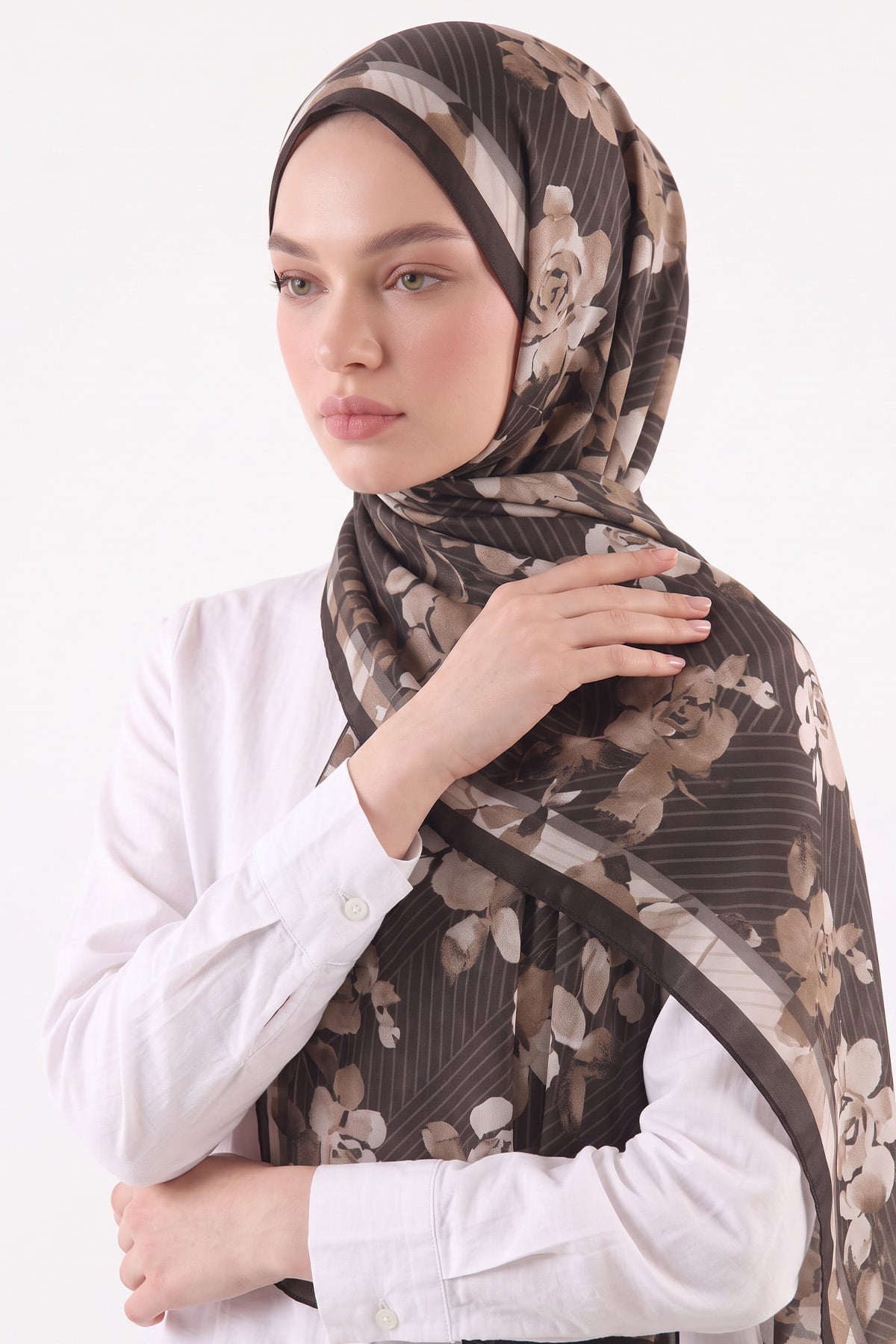 Botanik Çizgi Aqua Soft Şal 4080 - KAHVE | zenne.com 