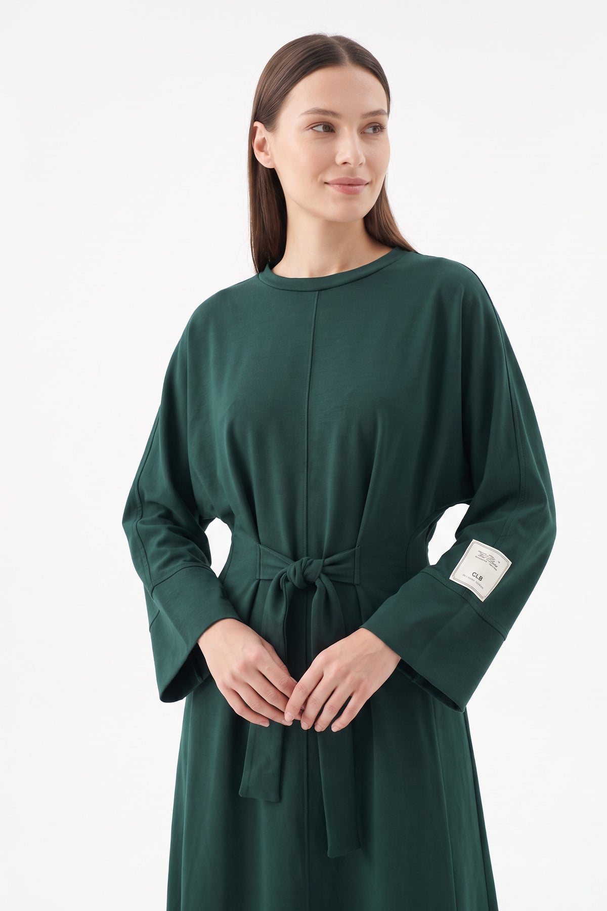 Kuşak Detaylı Elbise 0010-1 - ZÜMRÜT YEŞİLİ | zenne.com 