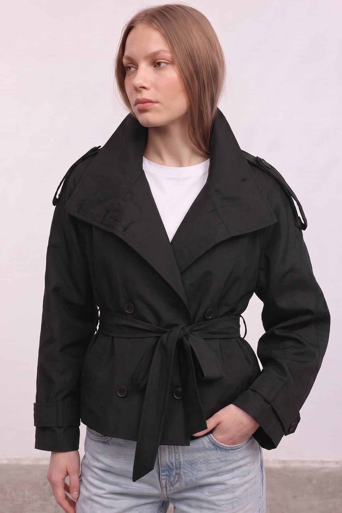 Dik Yaka  Kemerli Trençkot 262155 - SİYAH | zenne.com 