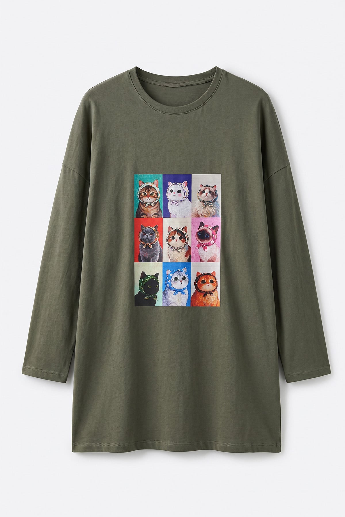 Kedi Baskılı Tunik 13230 - HAKİ | zenne.com 