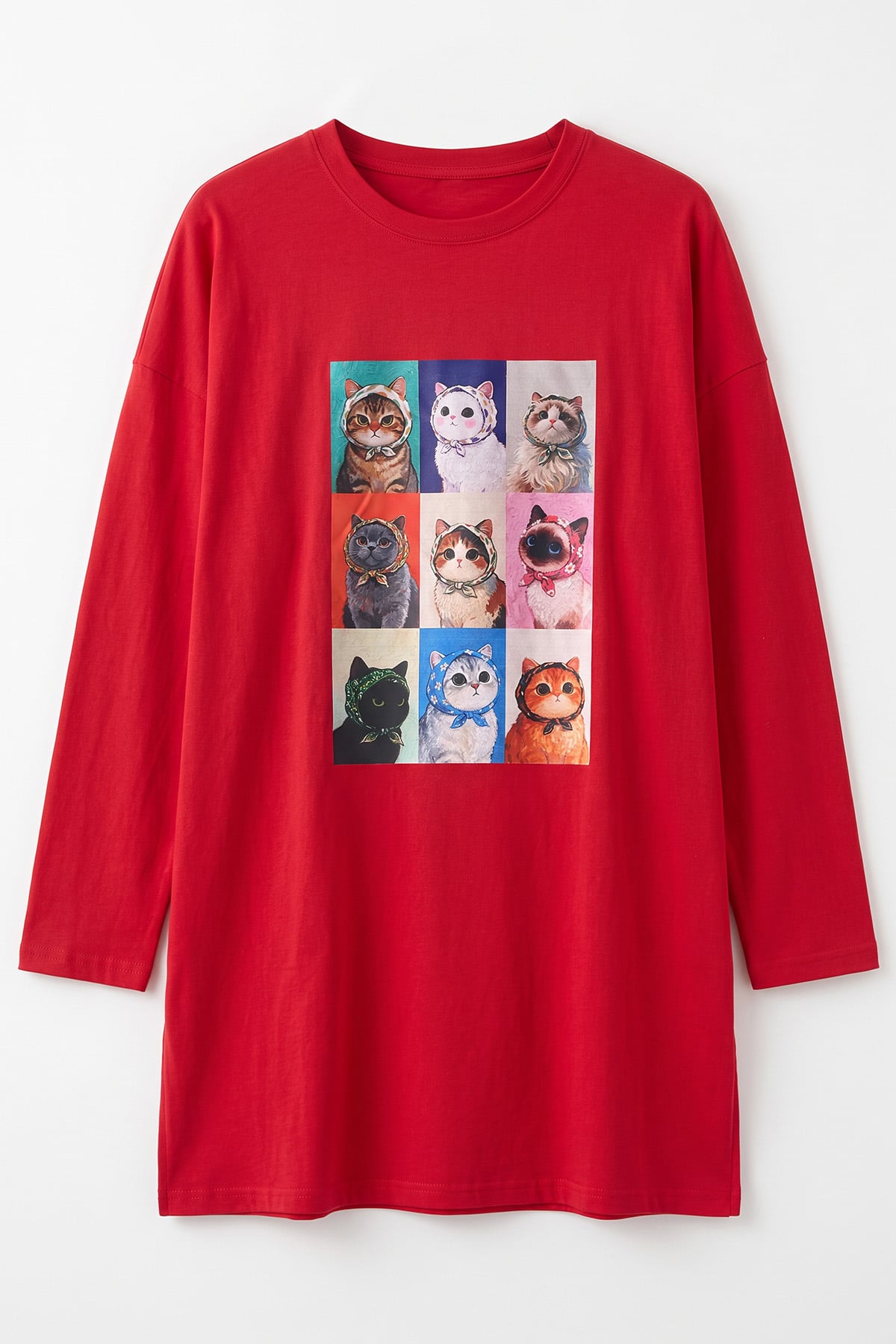 Kedi Baskılı Tunik 13230 - KIRMIZI | zenne.com 