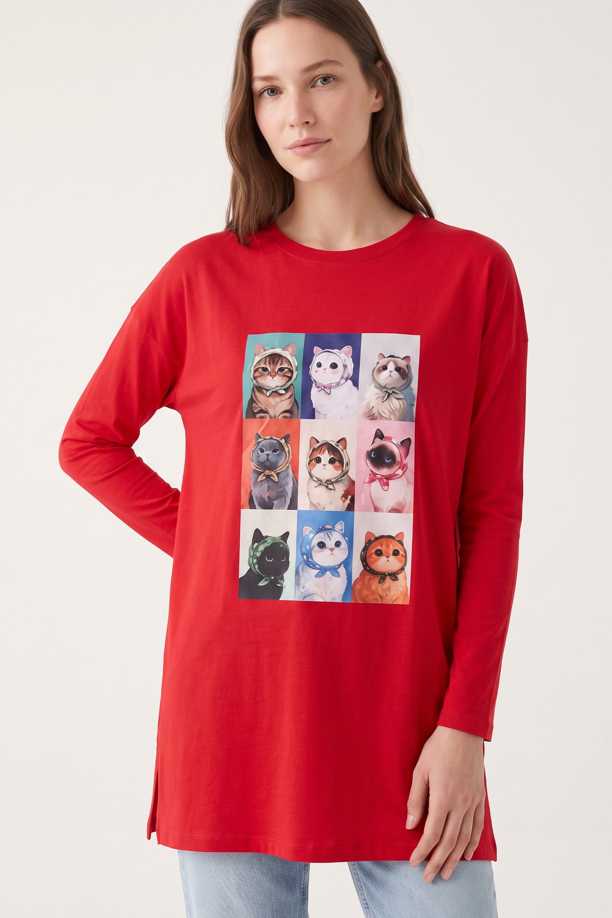 Kedi Baskılı Tunik 13230 - KIRMIZI | zenne.com 