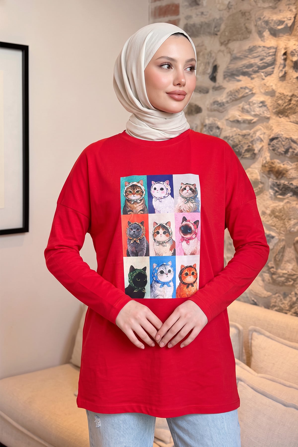 Kedi Baskılı Tunik 13230 - KIRMIZI | zenne.com 