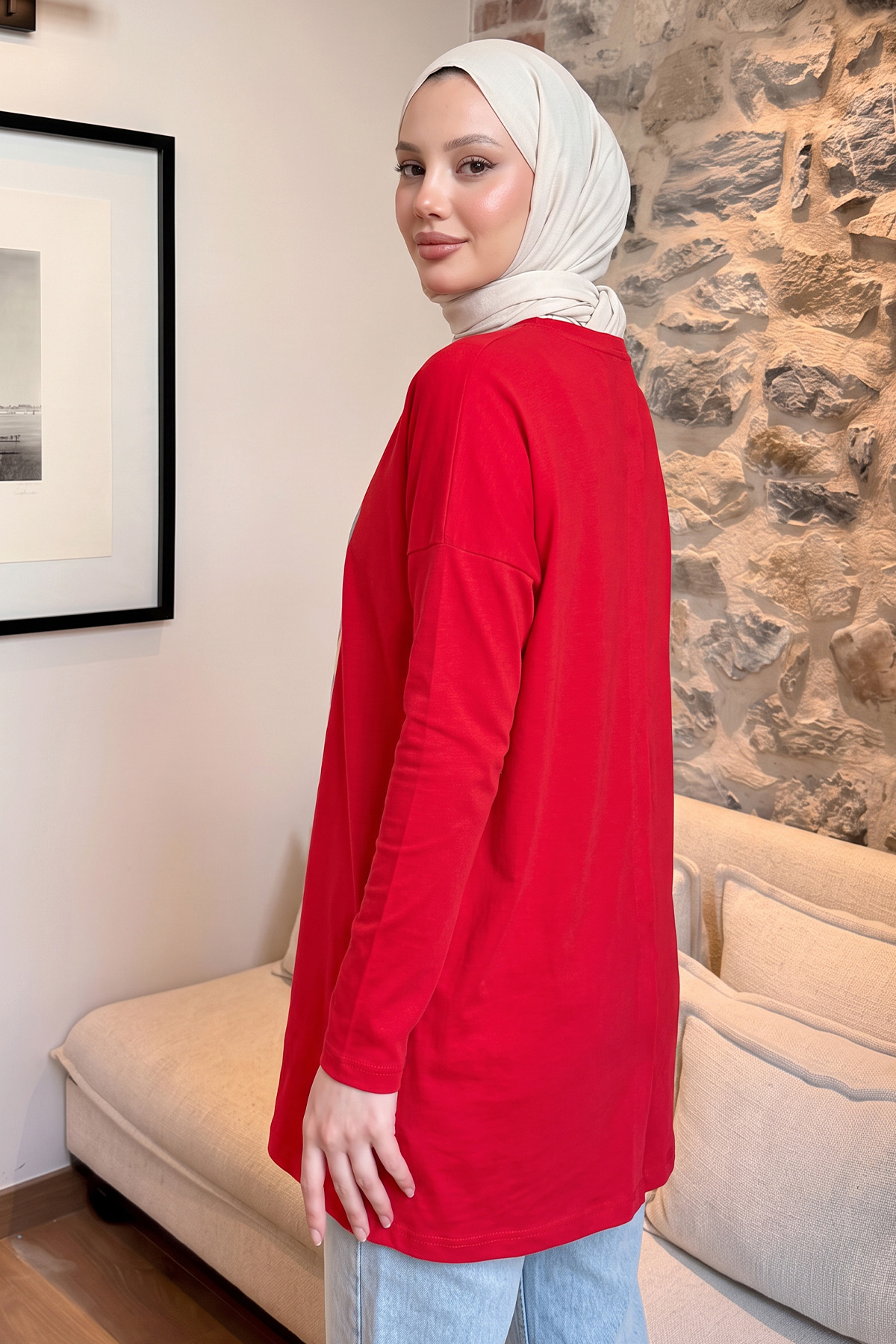 Kedi Baskılı Tunik 13230 - KIRMIZI | zenne.com 
