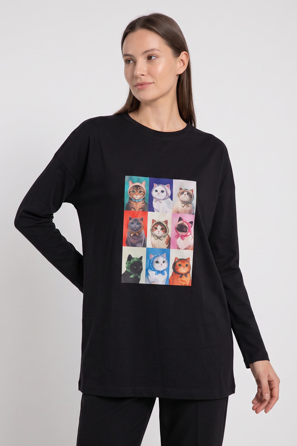Kedi Baskılı Tunik 13230 - SİYAH | zenne.com 