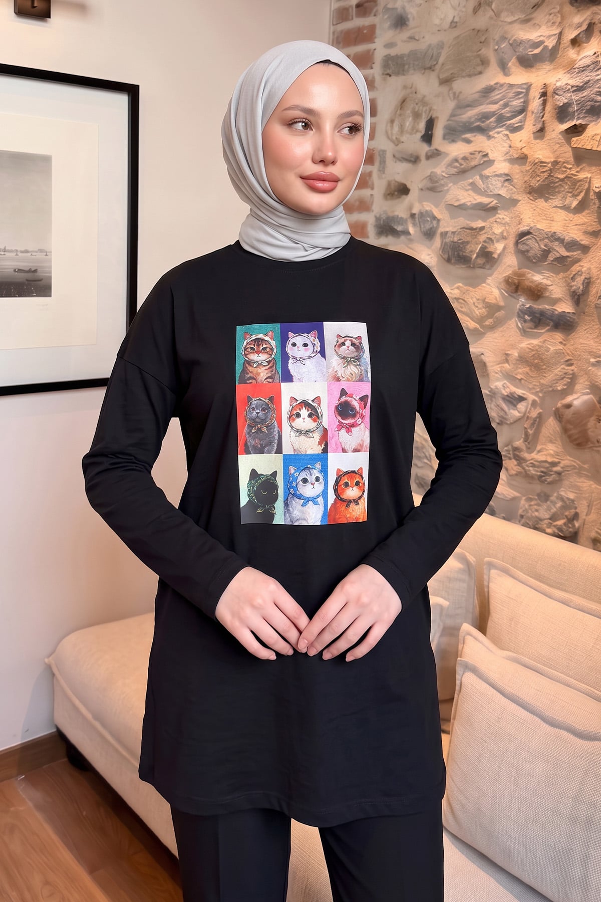 Kedi Baskılı Tunik 13230 - SİYAH | zenne.com 