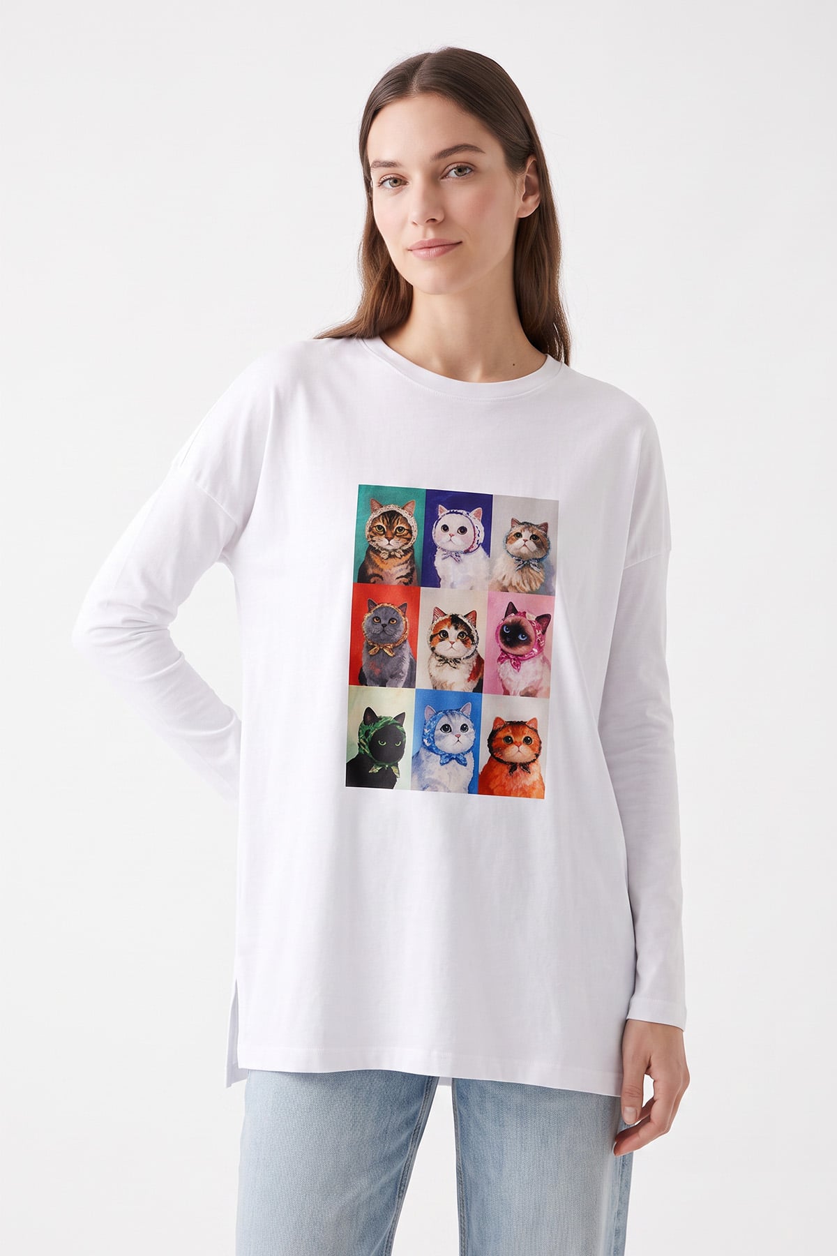 Kedi Baskılı Tunik 13230 - BEYAZ | zenne.com 