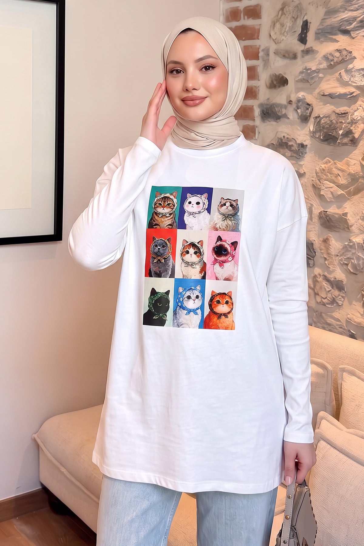 Kedi Baskılı Tunik 13230 - BEYAZ | zenne.com 