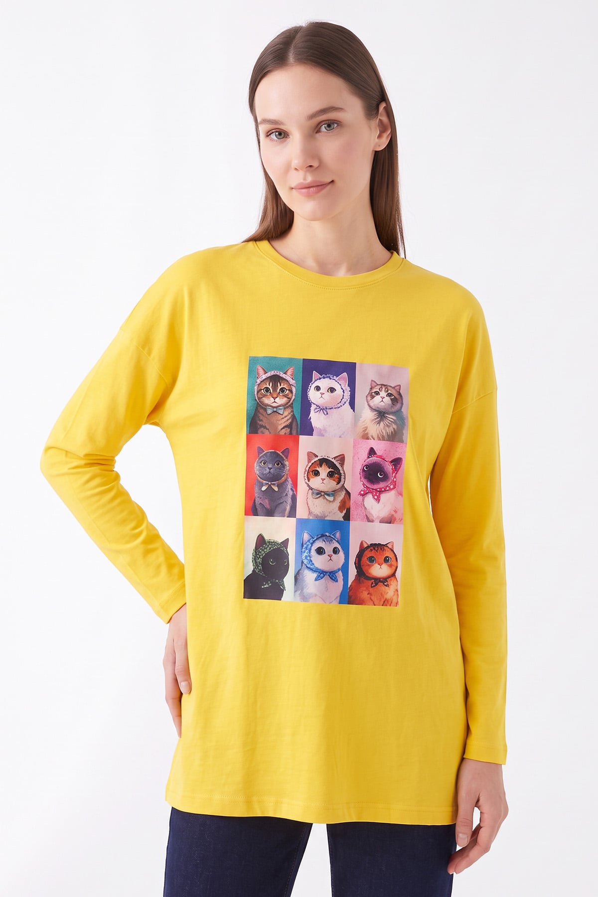 Kedi Baskılı Tunik 13230 - SARI | zenne.com 