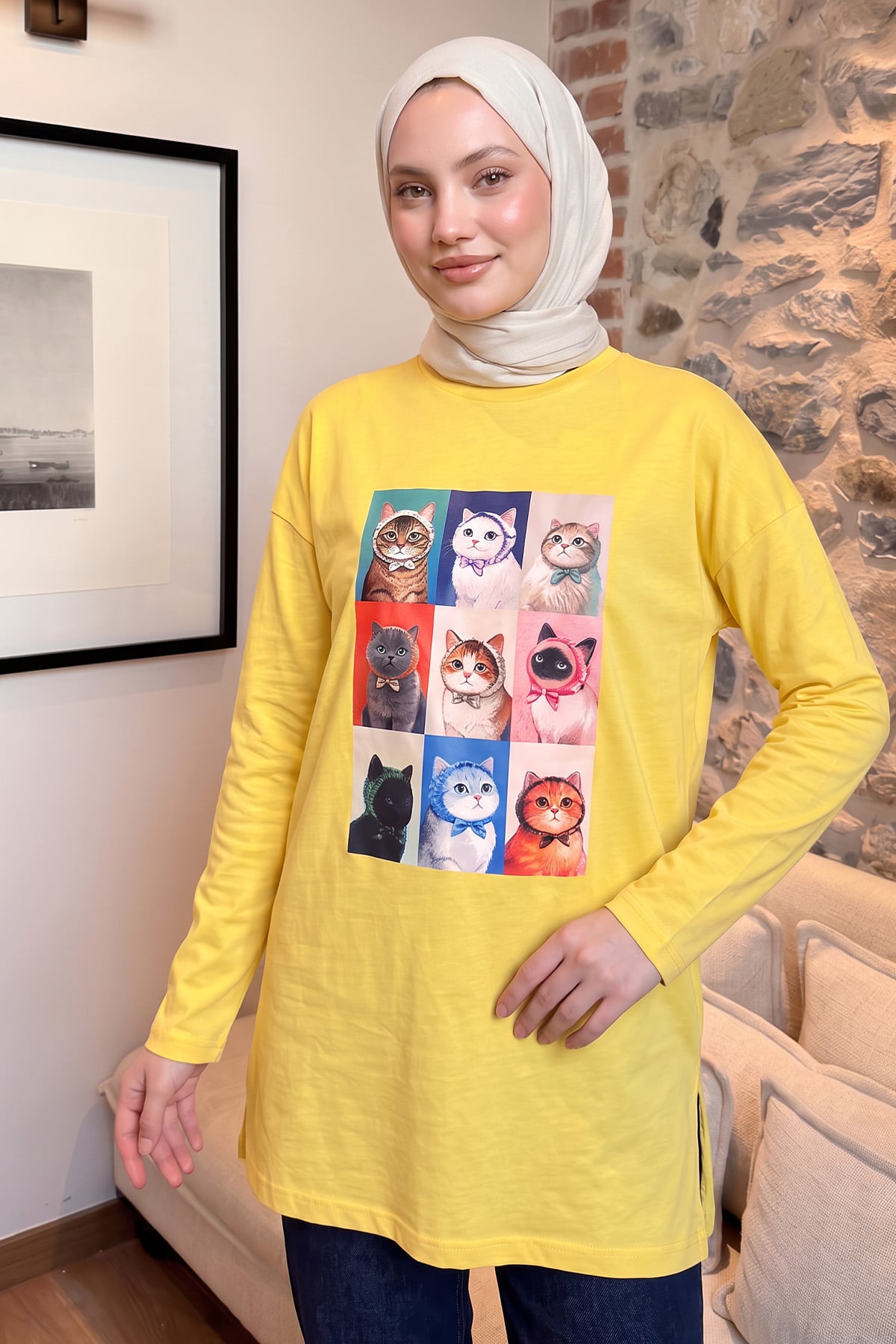 Kedi Baskılı Tunik 13230 - SARI | zenne.com 