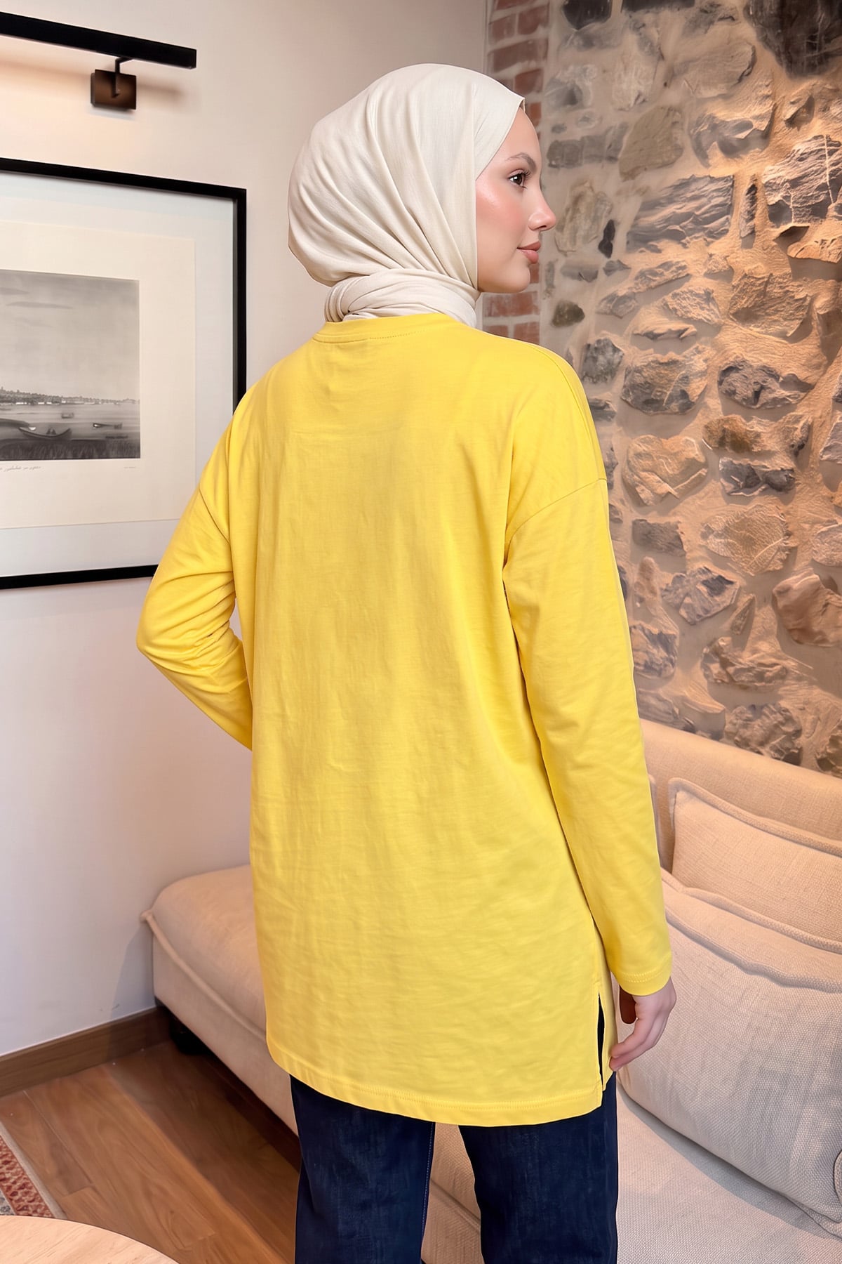 Kedi Baskılı Tunik 13230 - SARI | zenne.com 