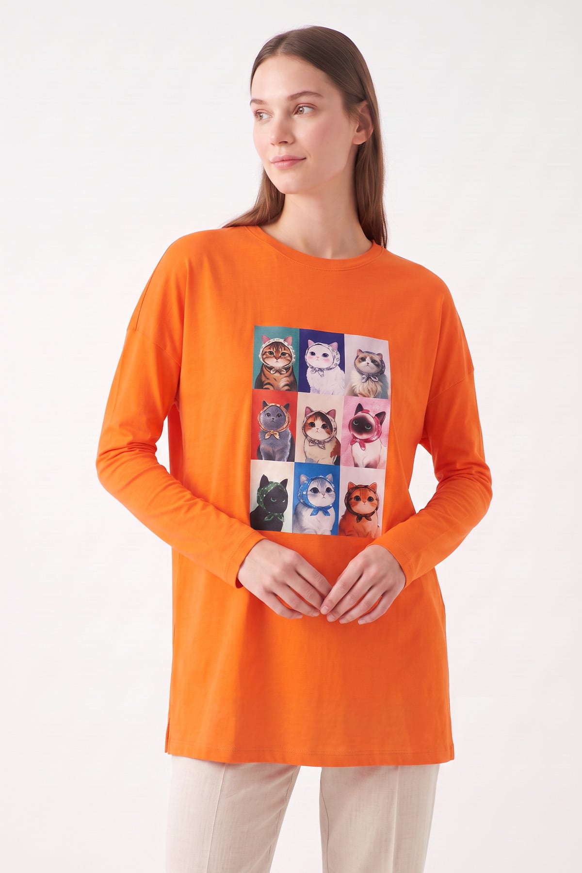Kedi Baskılı Tunik 13230 - TURUNCU | zenne.com 