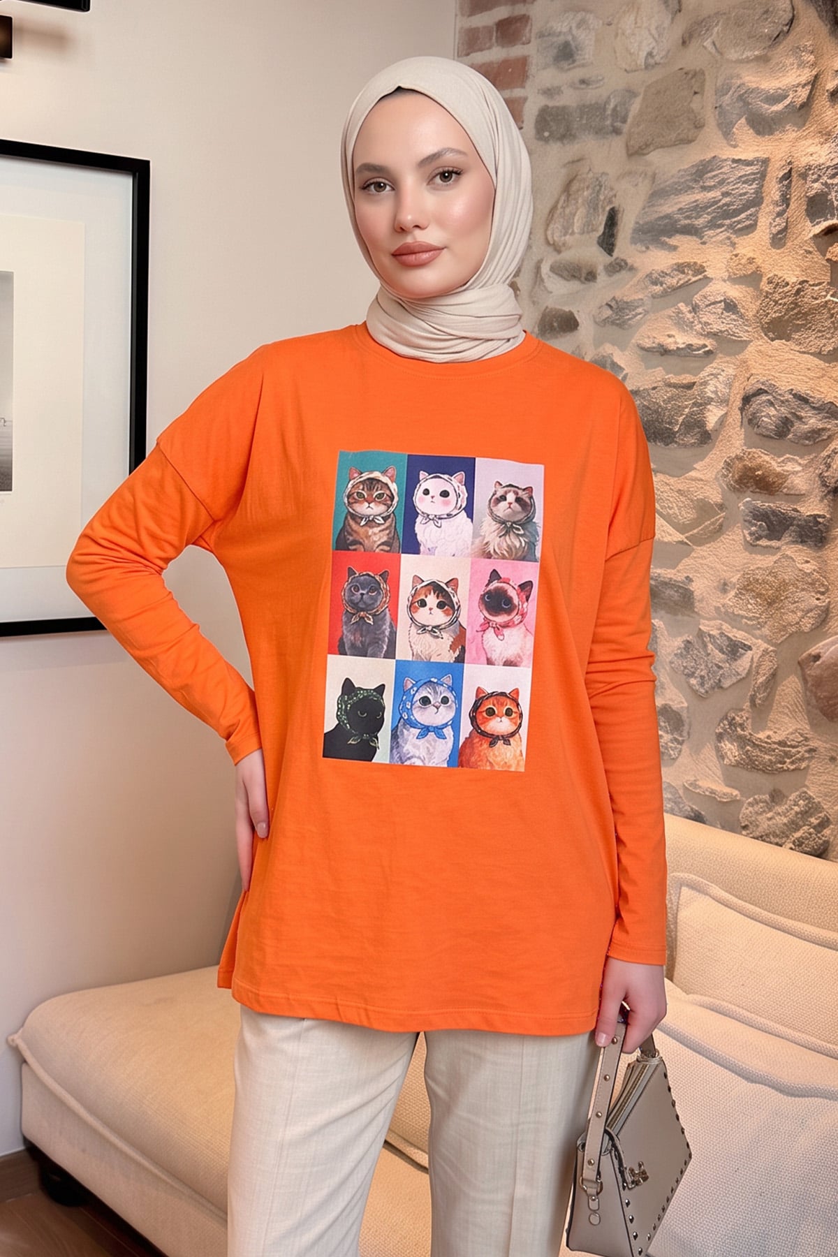 Kedi Baskılı Tunik 13230 - TURUNCU | zenne.com 