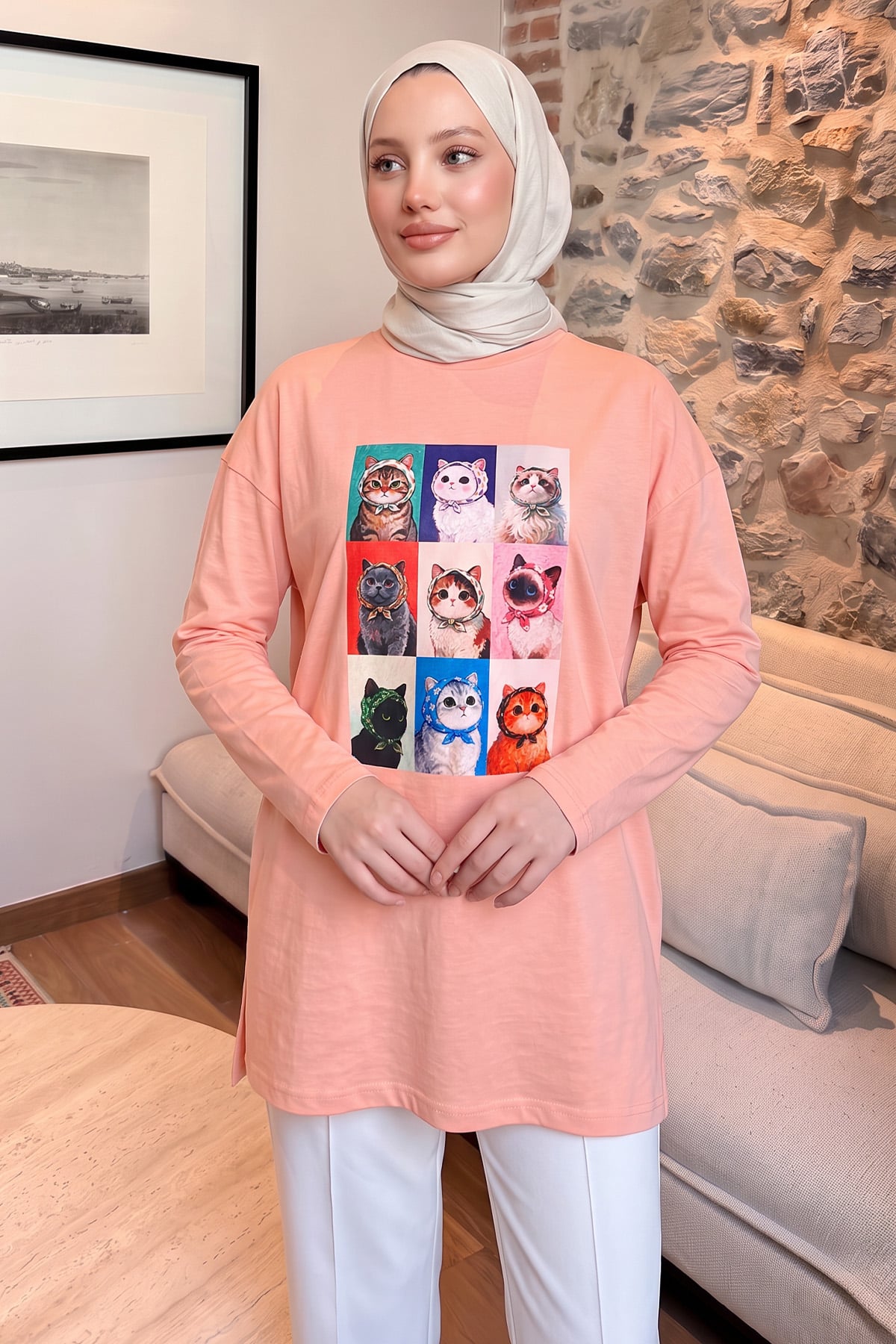 Kedi Baskılı Tunik 13230 - SOMON | zenne.com 