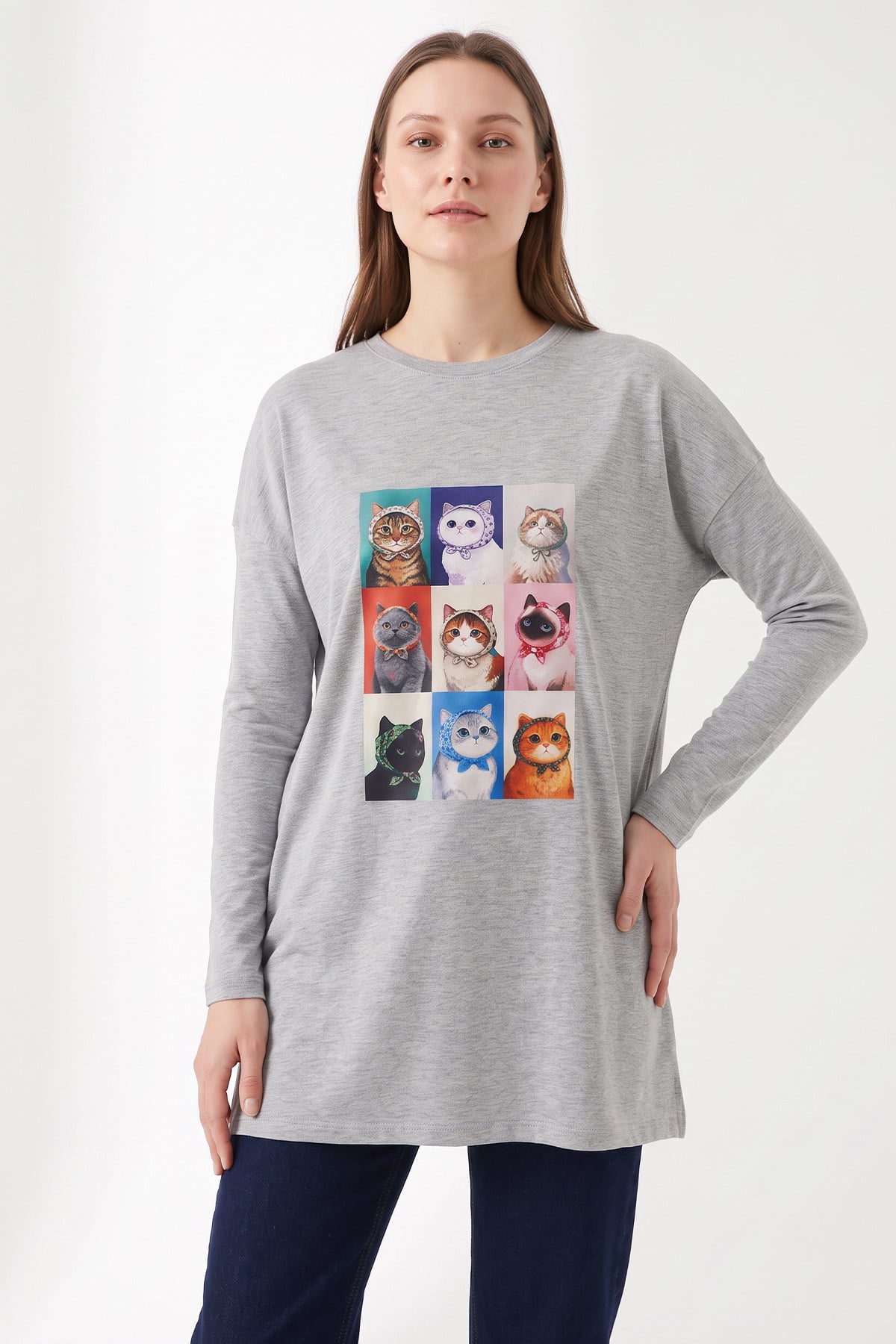 Kedi Baskılı Tunik 13230 - GRİ | zenne.com 