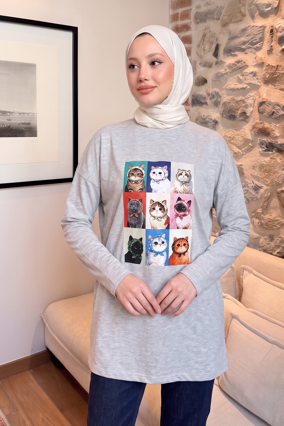 Kedi Baskılı Tunik 13230 - GRİ | zenne.com 