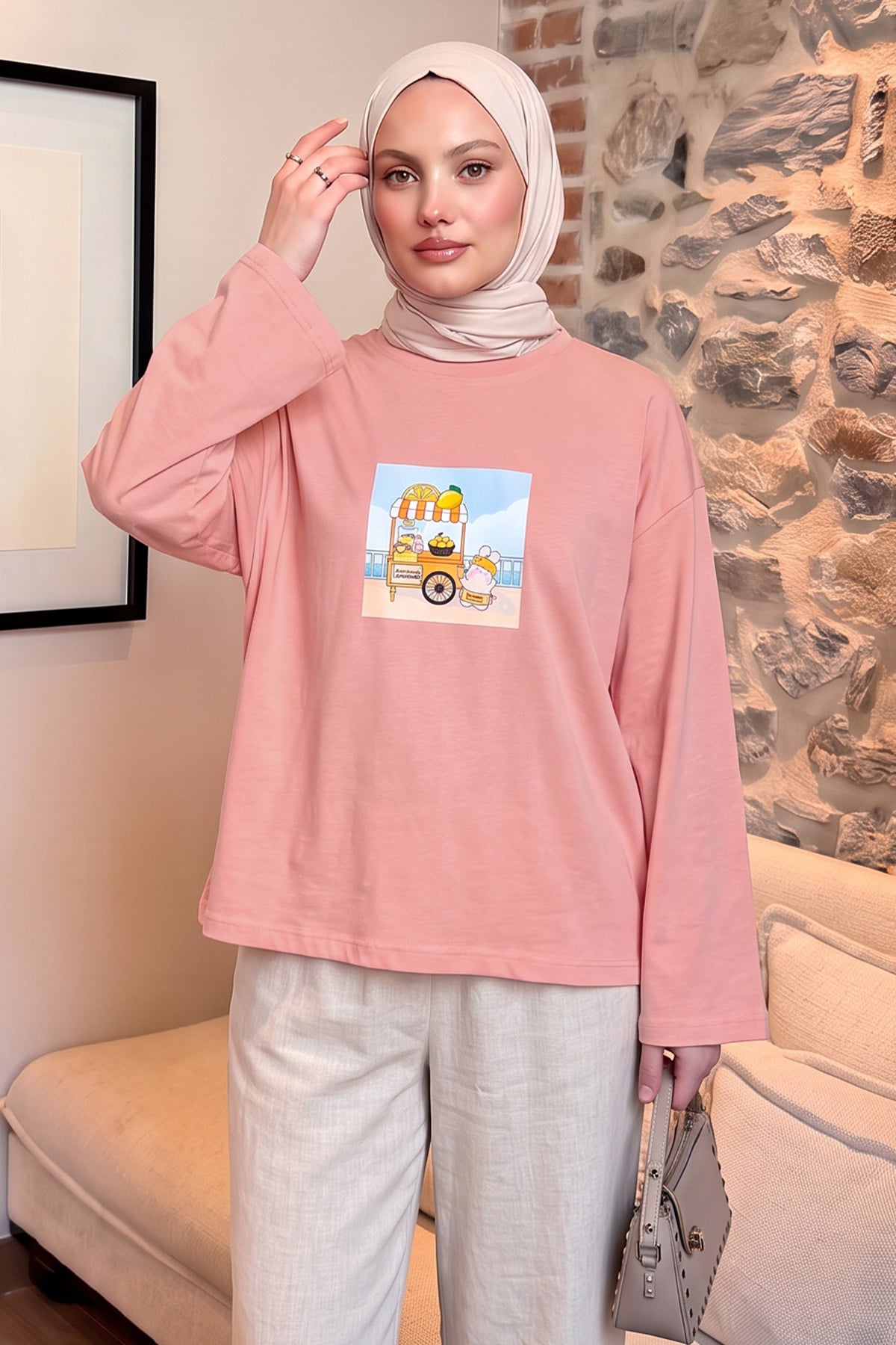 Baskılı Tunik 13227 - PEMBE | zenne.com 