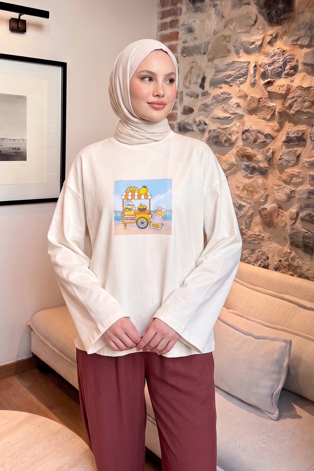 Baskılı Tunik 13227 - EKRU | zenne.com 