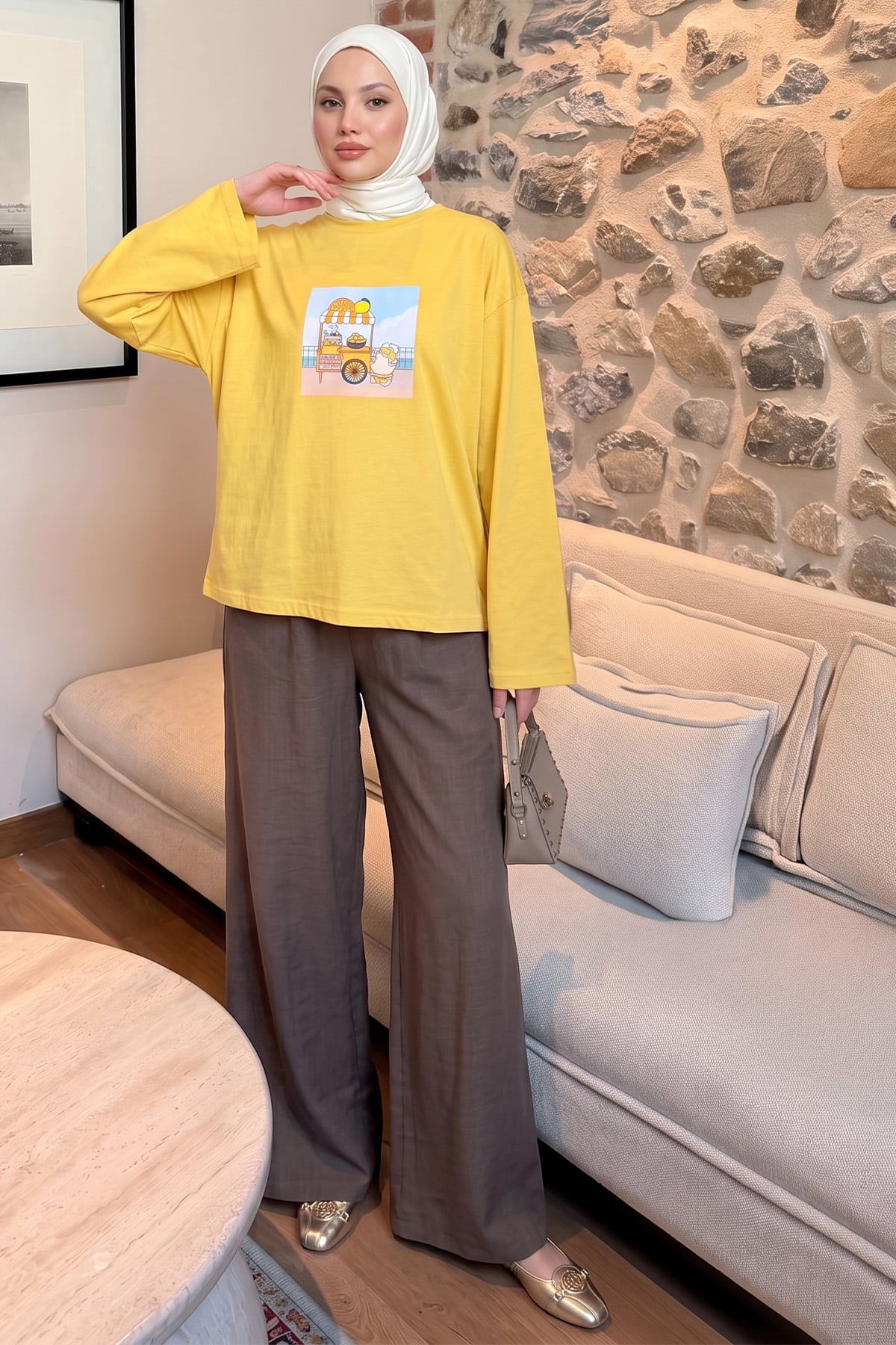 Baskılı Tunik 13227 - SARI | zenne.com 