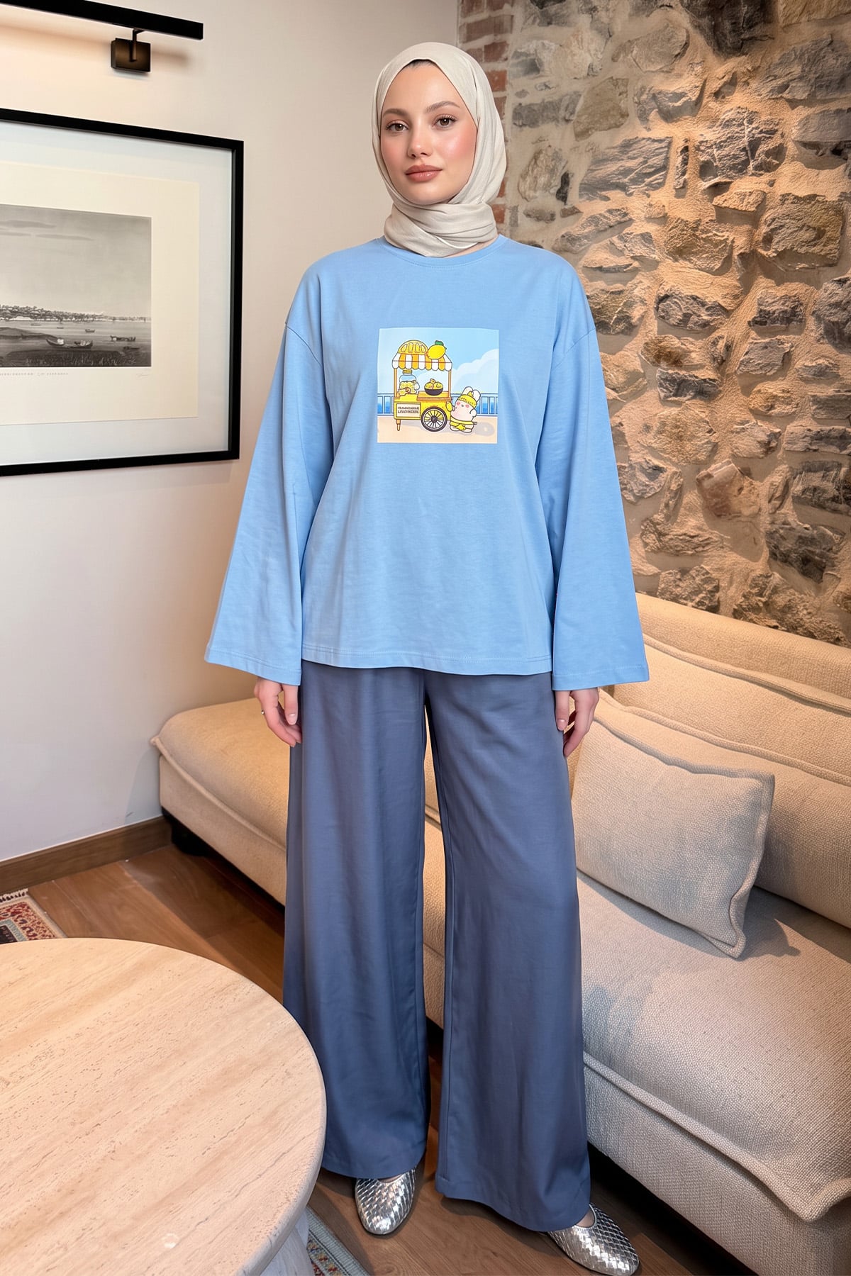 Baskılı Tunik 13227 - BEBE MAVİSİ | zenne.com 