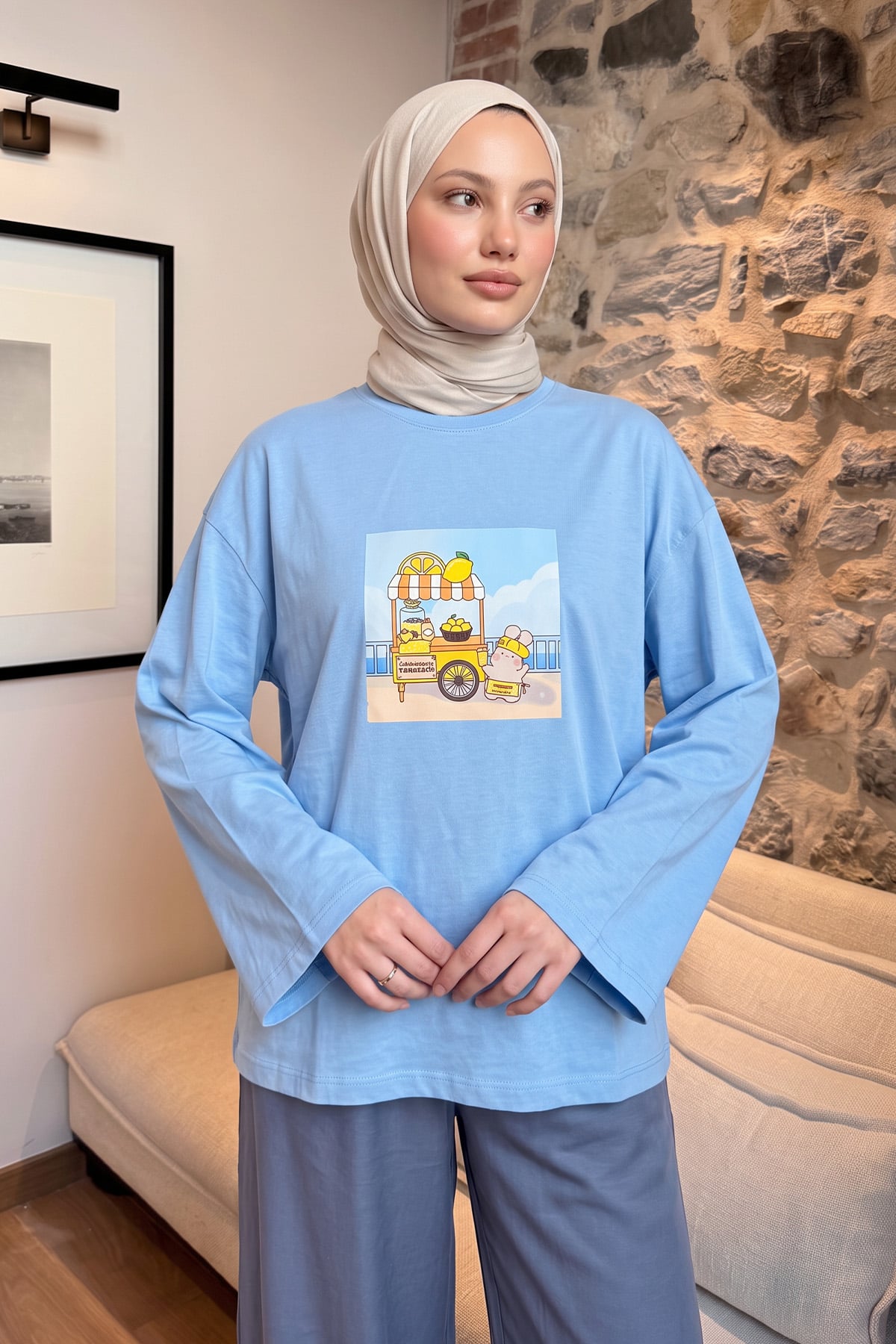 Baskılı Tunik 13227 - BEBE MAVİSİ | zenne.com 