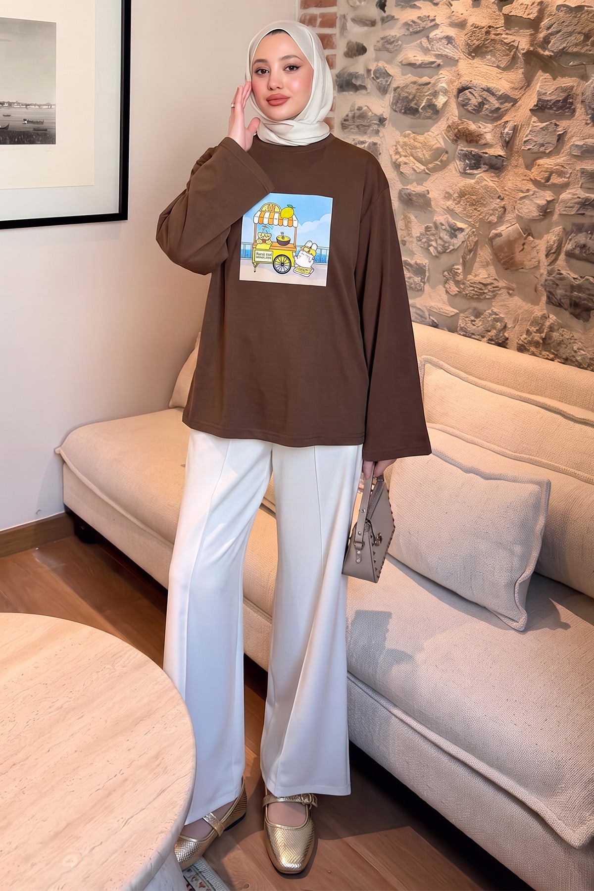 Baskılı Tunik 13227 - KAHVE | zenne.com 