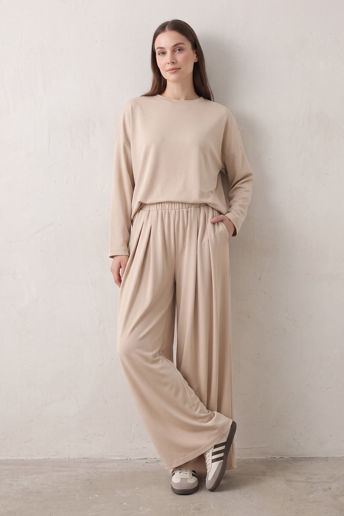 Pileli Pantolonlu Pike Takım 40779 - BEJ | zenne.com 