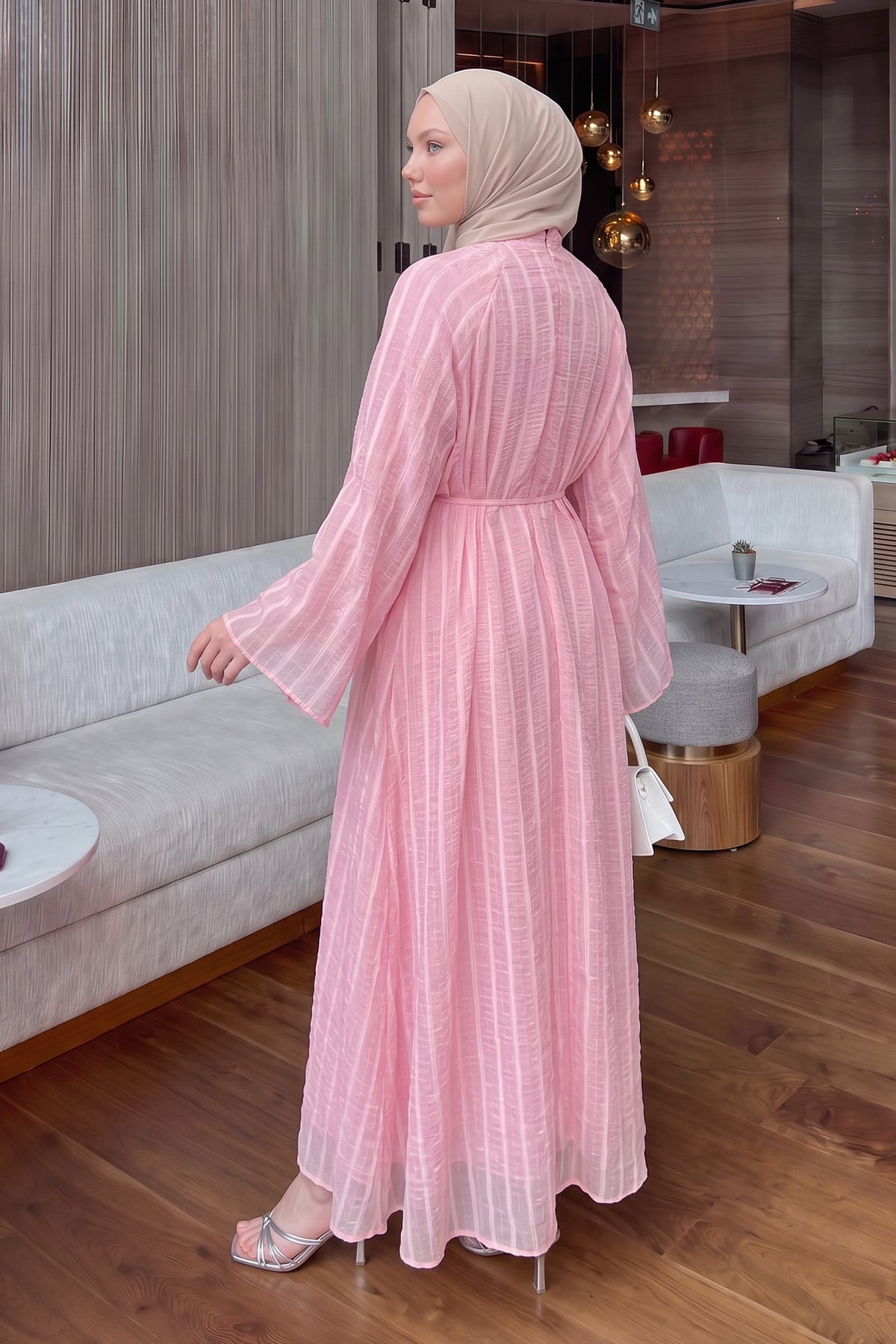 Reglan Kol Çizgili Elbise Y0168 - PEMBE | zenne.com 
