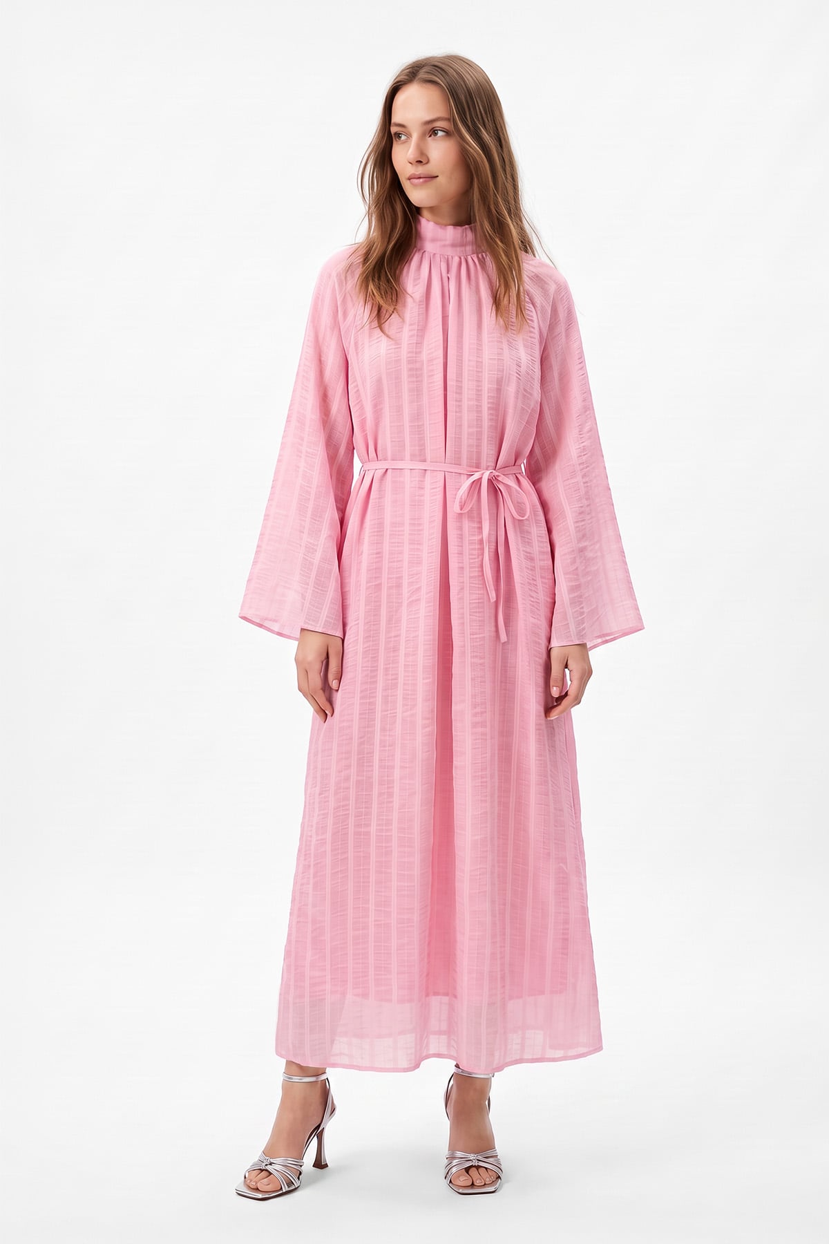 Reglan Kol Çizgili Elbise Y0168 - PEMBE | zenne.com 